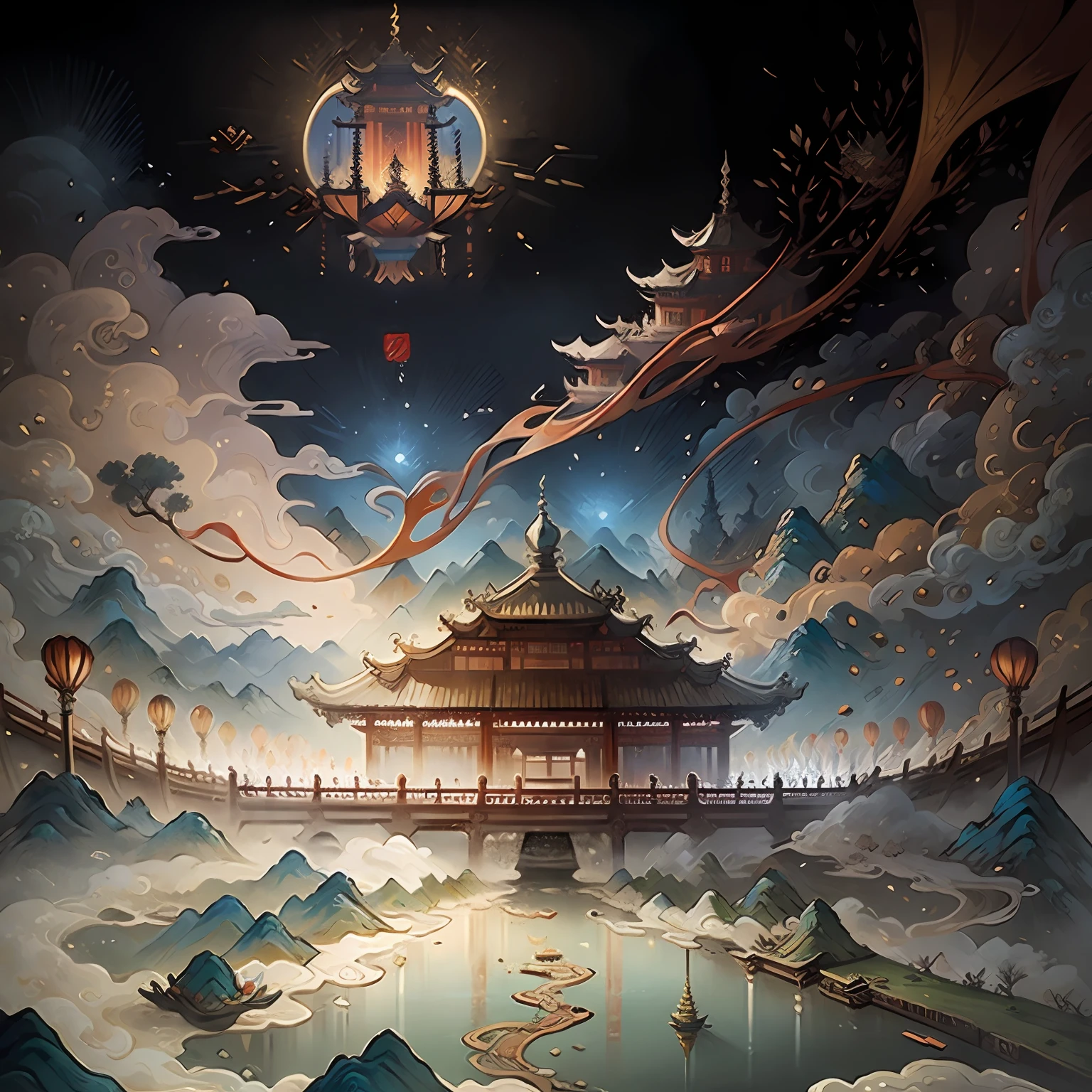 An ancient Chinese painting, ancient Chinese background, mountains, rivers, auspicious clouds, pavilions, sunshine, masterpieces, super detail, epic composition, ultra HD, high quality, extremely detailed, official art, unified 8k wallpaper, Super detail, 32k -- v 6