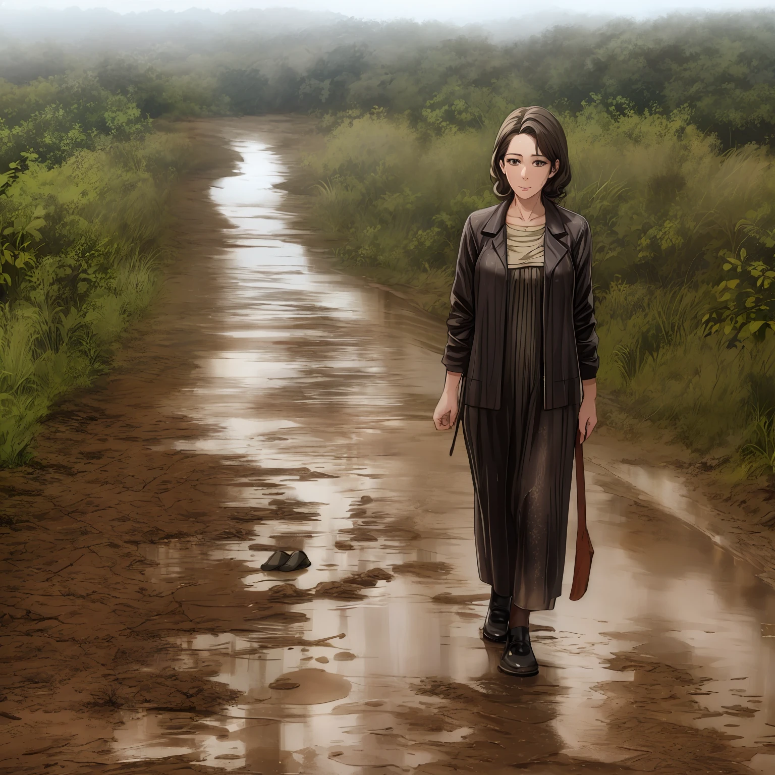 A middle-aged woman, with curly brown hair and haute couture clothes, slowly walked through the muddy roads of the countryside, her noble clothes were contaminated with mud, and the mud spots shimmered in the drizzle.