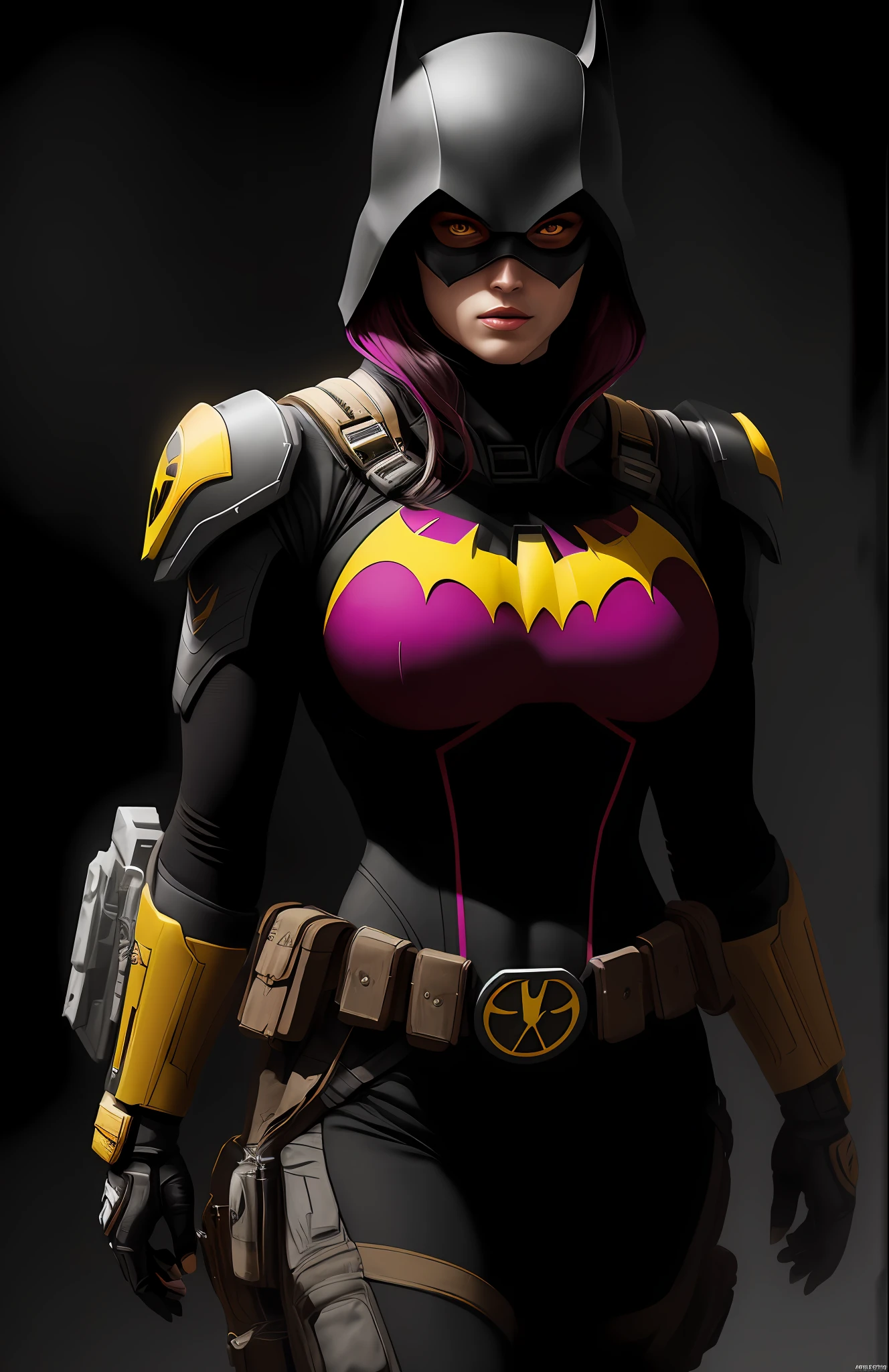 (dark shot: 1.1), epic realistic, Horseman of the Apocalypse Pink Batgirl from DC, yellow gradient, black, brown and magenta color scheme, grunge aesthetics!!! graffiti tag wall background, art by Greg Rutkowski and artgerm, soft cinematic light, Adobe Lightroom, darkroom, HDR, intricate, highly detailed, (depth of field: 1.4), faded, (neutral colors: 1.2), (hdr: 1.4), (muted colors: 1.2), hyper-detail (artstation: 1.4), cinematic, warm light, dramatic light (complex details: 1.1)