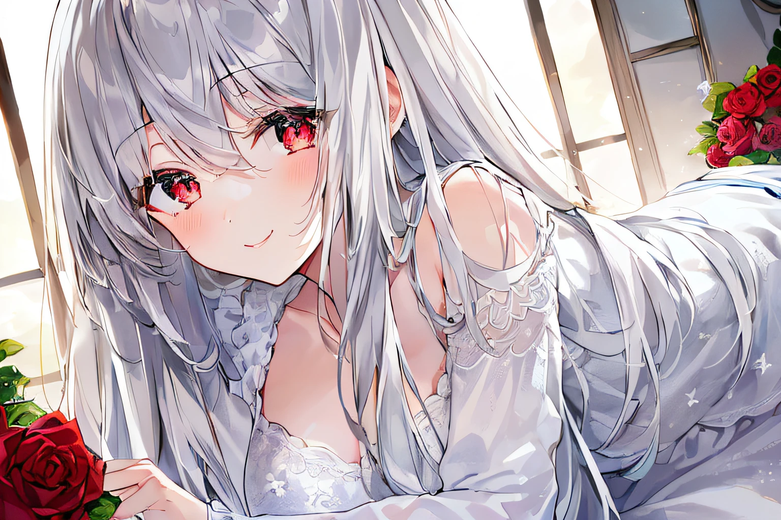 1girl, full body, denim photo, (Rembrandt), illustration, (masterpiece), (best quality), (ultra_detailed), finely detail, (Depth of field), , glove, long hair, star\ (symbol\), looking at viewer, (silver hair:1.2), red eyes, upper body, hair ornament, :p, frills, pink shirt, smile, sleeveless, shirt, idol, symbol-shaped pupils, hands up, sleeveless, shirt, idol, symbol-shaped pupil, bangs, side up, star-shaped pupil, arms up, skirt pulling, roaring twenties, isometric, seen from above, sky, flowerscliff