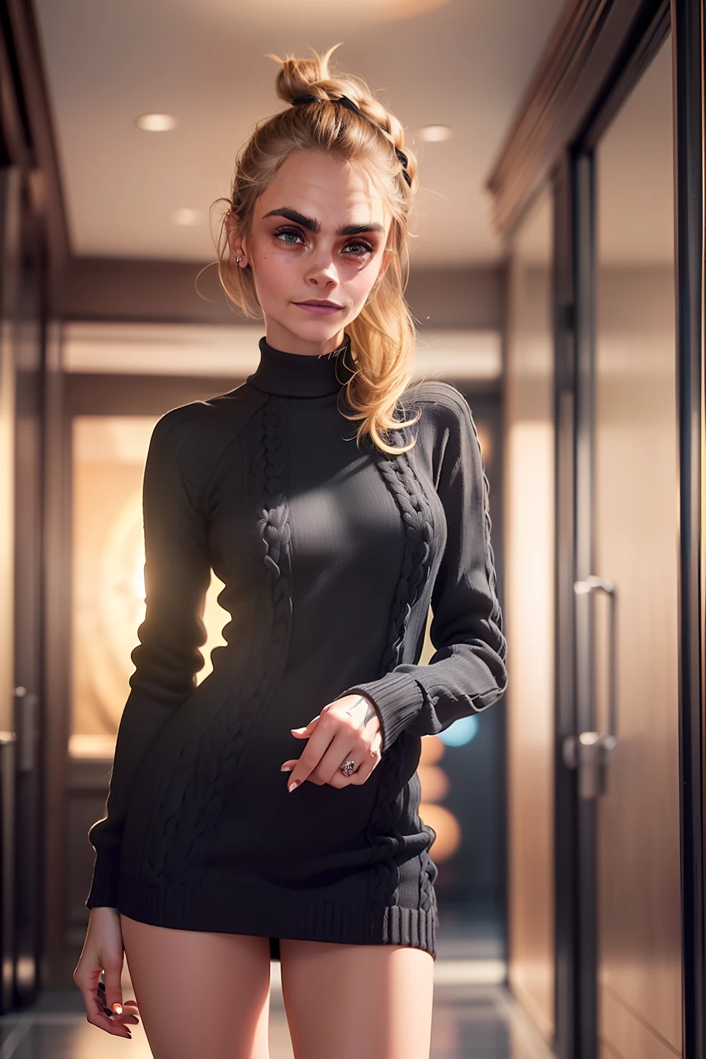 (((Cara Delevingne))), (a very tall slender woman standing in the lobby of a hotel), (round breasts), (big eyes), ((small head)), (((She is wearing a black short knit dress))), (photorealistic), (ray tracing), (cinema lighting), (sharp focus), (detailed face), natural and realistic skin textures, soft face, (she smiles), whole body, (perspective from below), ((pooppy little butt))