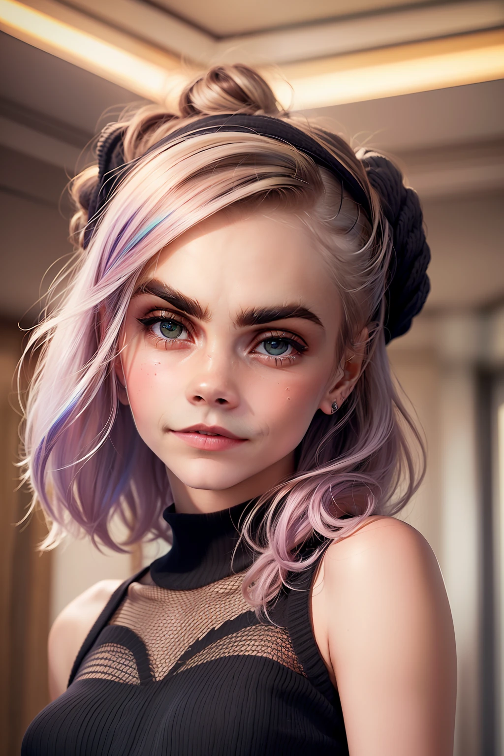(((Cara Delevingne))), (a very tall slender woman standing in the lobby of a hotel), (round ), (big eyes), ((small head)), (((She is wearing a black short knit dress))), (photorealistic), (ray tracing), (cinema lighting), (sharp focus), (detailed face), natural and realistic skin textures, soft face, (she smiles), whole body, (perspective from below), ((pooppy little butt))