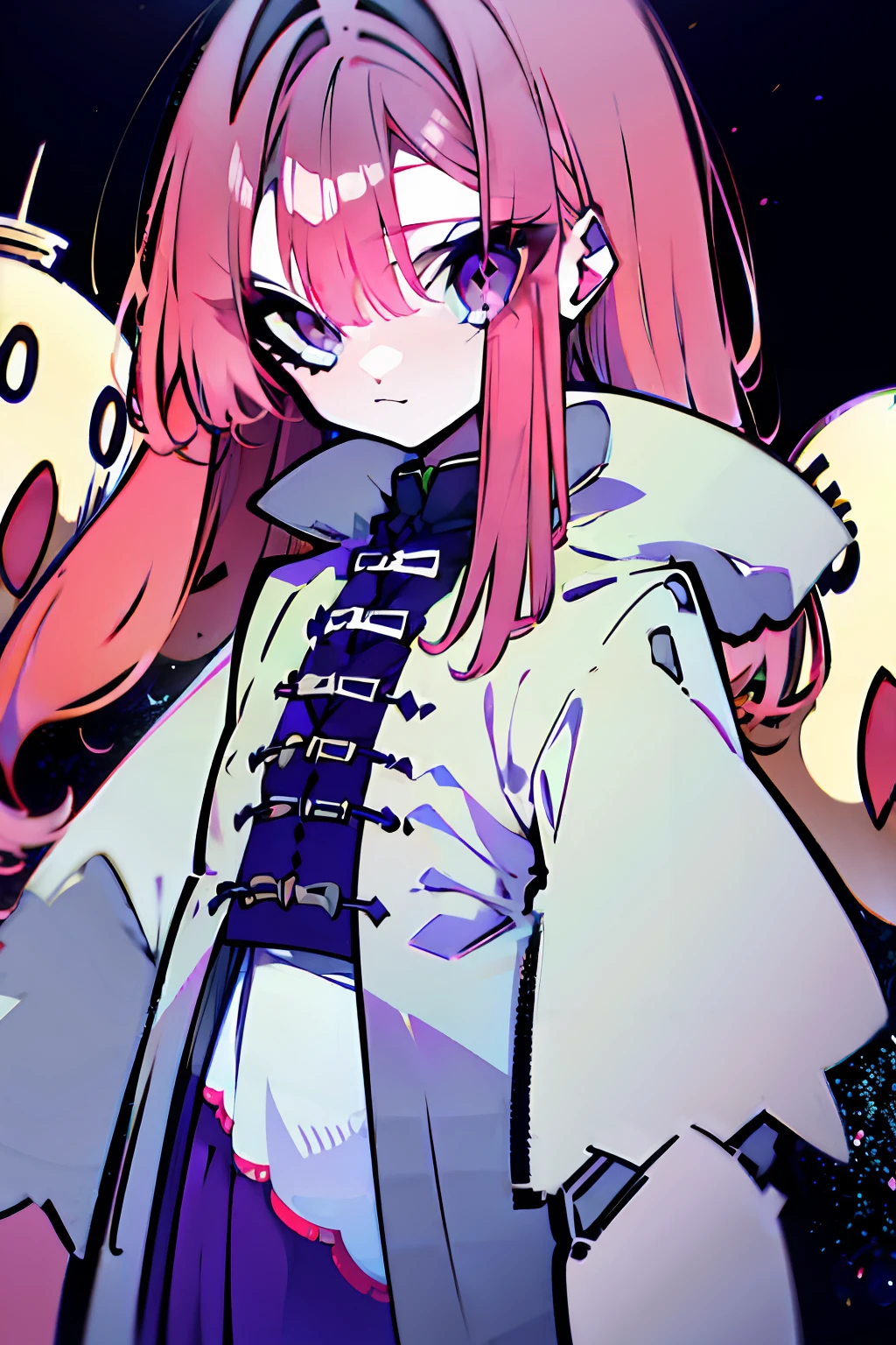 Anime girls. Long shoulder-length pink hair, The ends of the hair are turned outward, Purple eye, Star Hairpin, Chinese-style white clothes, Long water sleeves