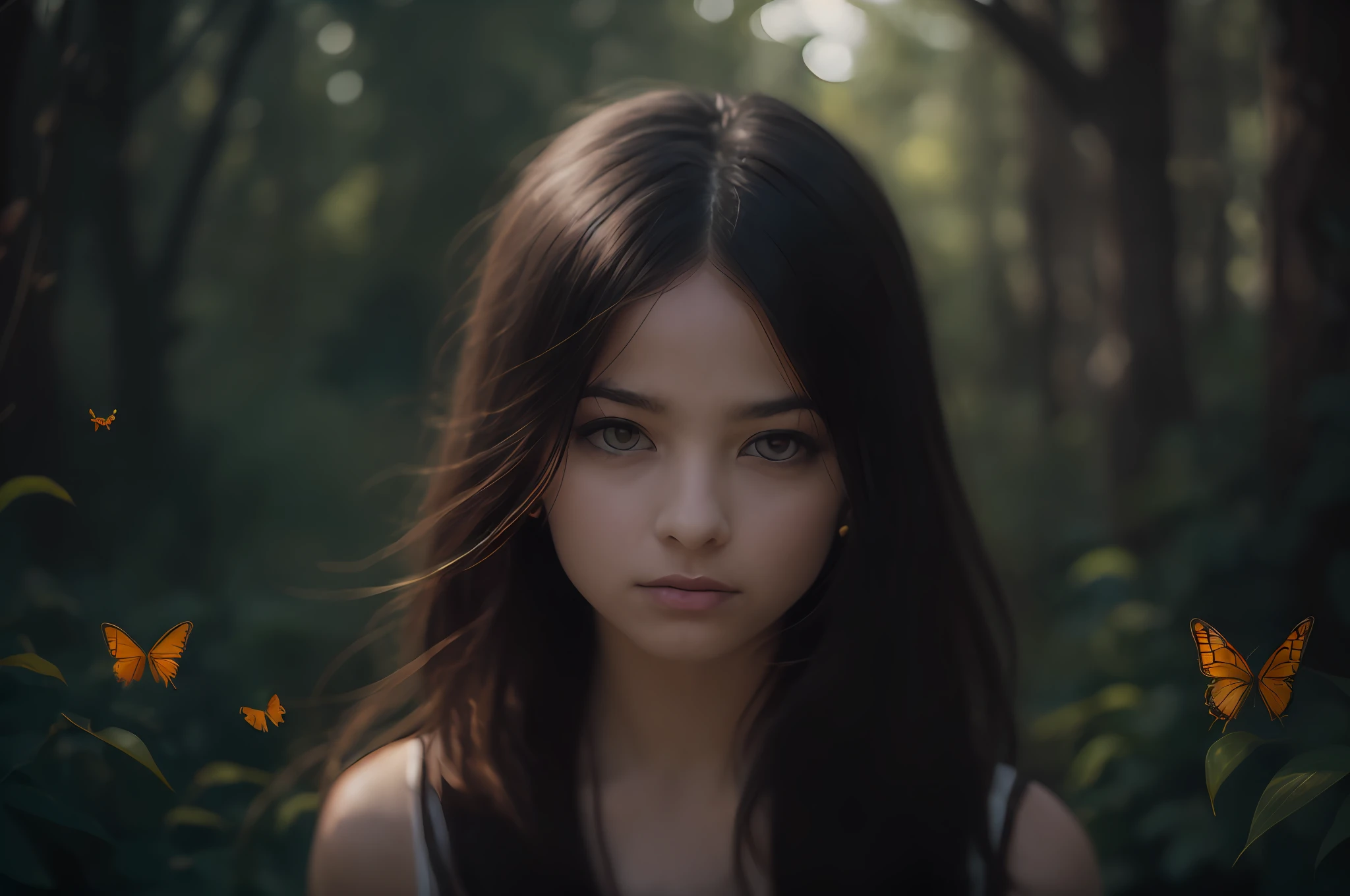 ((Realistic lighting, superlative, 8k, masterpiece: 1.3)), beautiful 20-year-old 1 girl, long straight black hair, 1930s atmosphere, quiet woods, wireless grass, grass, reaching out looking at butterflies flying, film photography, Kodak, dreamy atmosphere, film grain, film photography, concept photography, real, realistic, zoom off, various poses