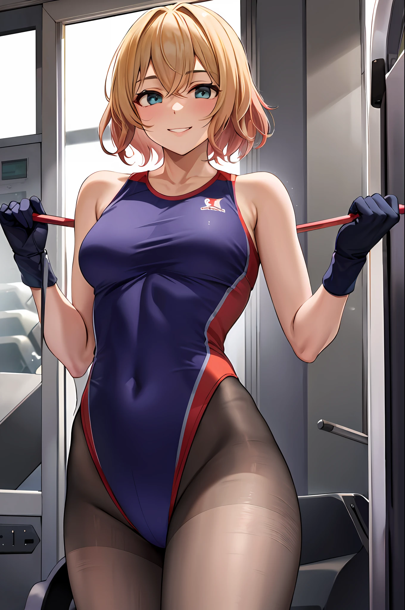masterpiece, best quality, highres, nm1, sport suit, cowboy shot, standing, smile, gym, bottom sport, leotard, maillot, pantyhose
