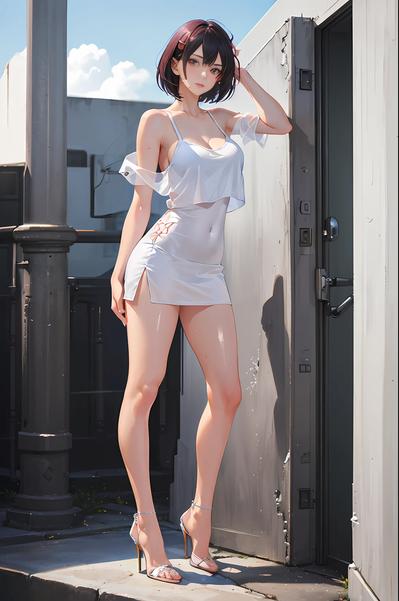1girl, solo, full body portrait, white camisole vest, high heels, yoga suit, black silk, masterpiece, best quality, realistic, super detailed, (shiny skin, sweating: 1.4), looking at the audience, light blue short hair, red eyes, slender, dynamic light and shadow, high resolution, sharp focus, depth of field, fine eyes, pupil sharp, pupil realistic, (C cup: 1.2), (skin white: 2.0), (long legs: 1.8), (clothes transparent: 1.5), outdoor, sky