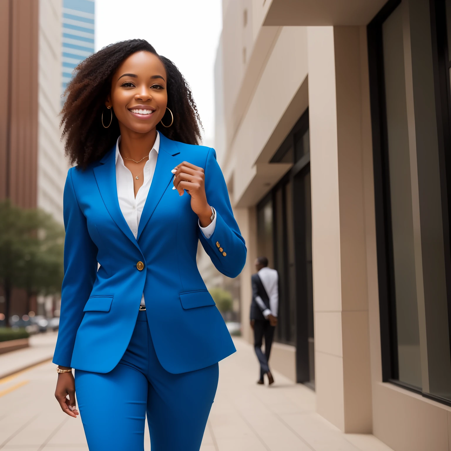 A smiling confident African American woman in a blue business suit walks confidently in downtown Atlanta.