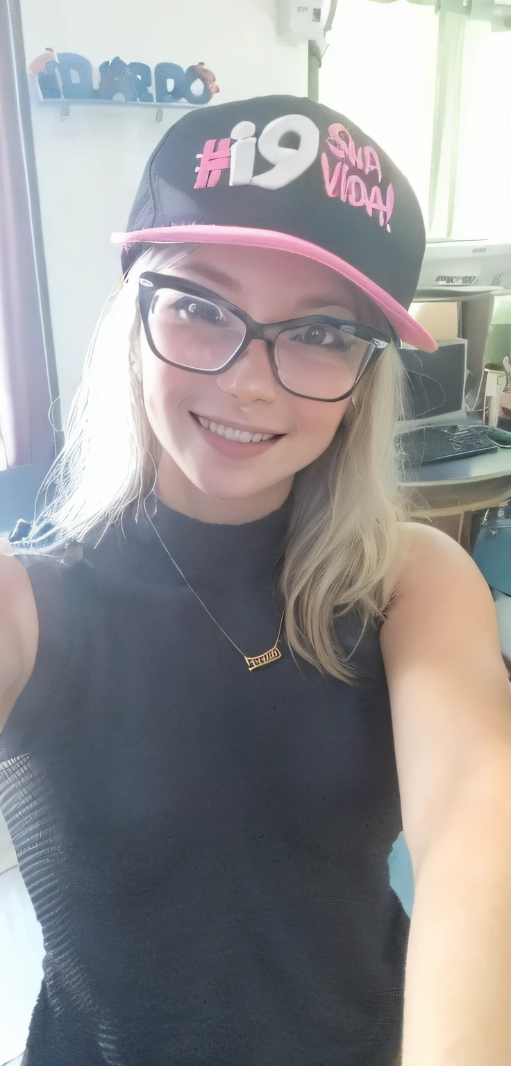 Blonde woman wearing a black tank top and a pink hat, wearing a chocker and cute hat, 30 years old, light nerdy smile