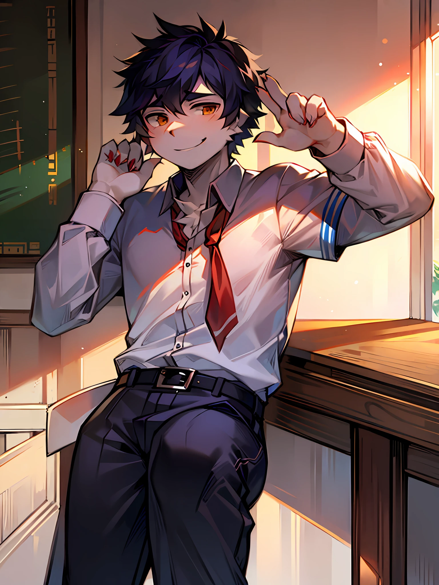 In the sun, sideways face, smiling, Chinese school uniform, male, handsome, teenager