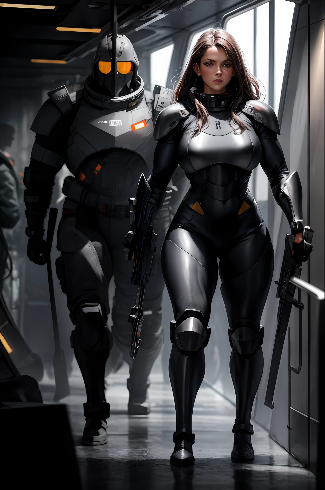 A muscular 30-year-old woman wearing black armor, with large breasts, holding a giant futuristic rifle, walking down the aisle of the futuristic space station.