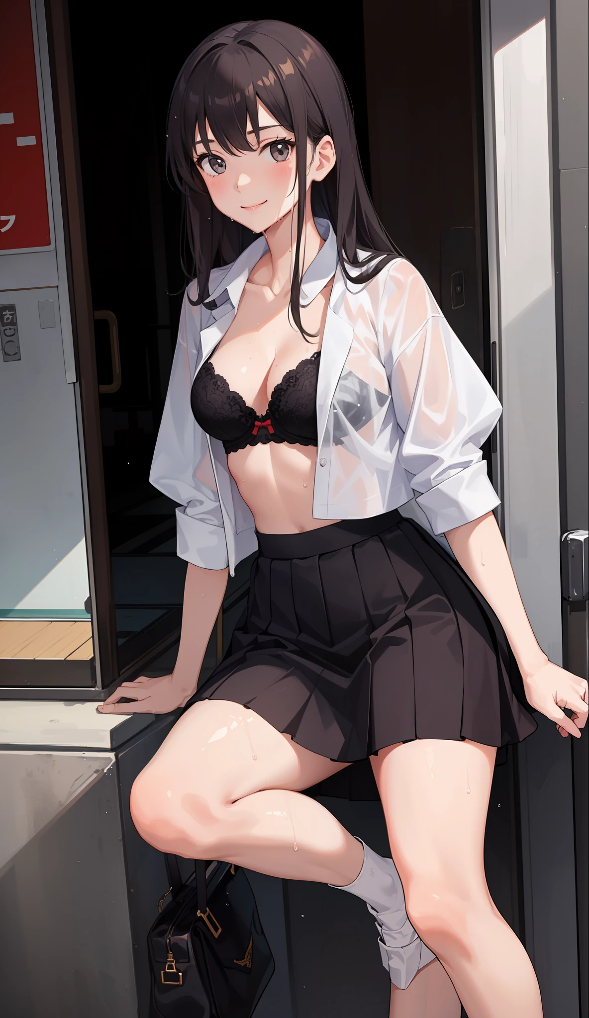 1 girl, smile, shirt, skirt, (small) chiralism, Japan high school school uniform, seravuk, summer clothes, squall-wet uniform, sheer bra, (portrait from knee up),
