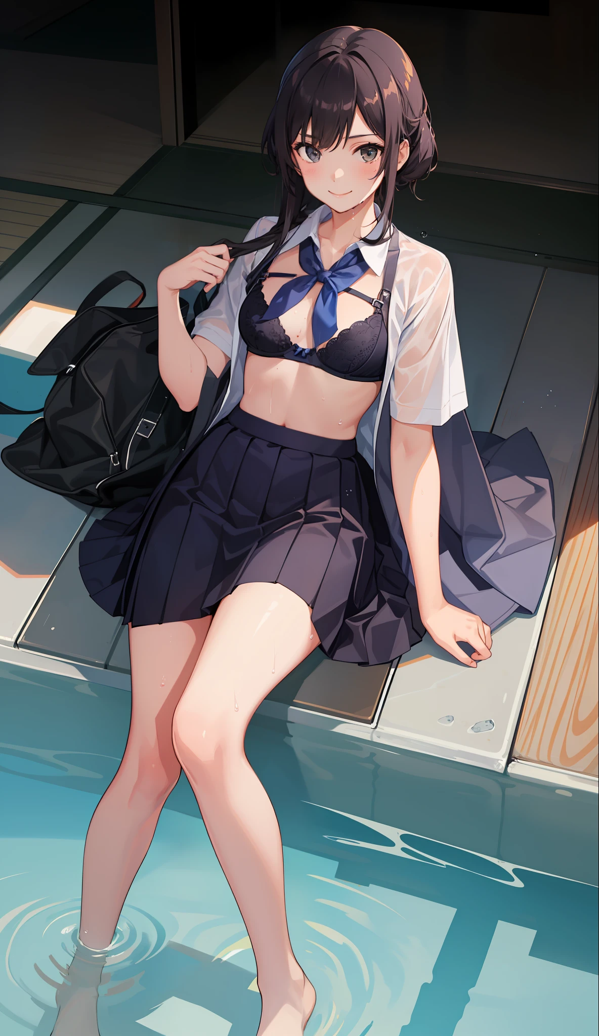 1 girl, smile, shirt, skirt, (small) chiralism, Japan high school school uniform, seravuk, summer clothes, squall-wet uniform, sheer bra, (portrait from knee up),