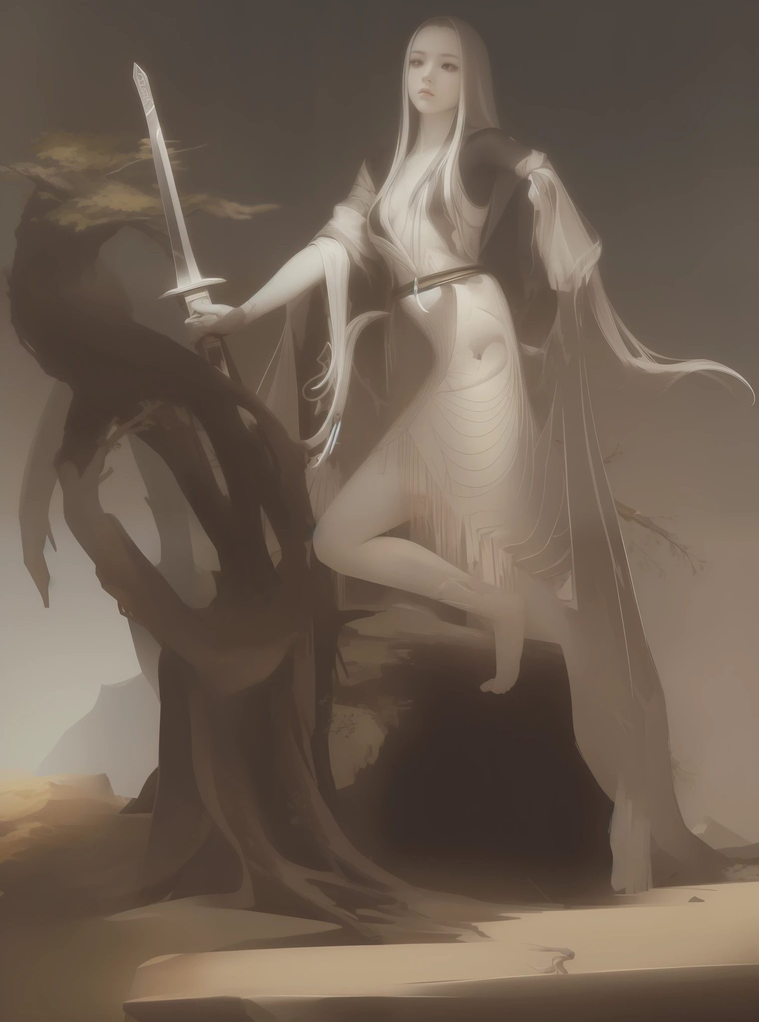 Beautiful woman with sword in hand by the dead tree on the cliff, woman with accurate body structure, anatomically correct, ccurate, white skin, red clothes, white bones on the ground, pointed peaks, strange mountains, bright natural colors, cold colors. Photographic Effects, Best Quality, Masterpiece, Ultra High Resolution, (True:1.4), Original Photo, 1girl, (Small Breasts)
