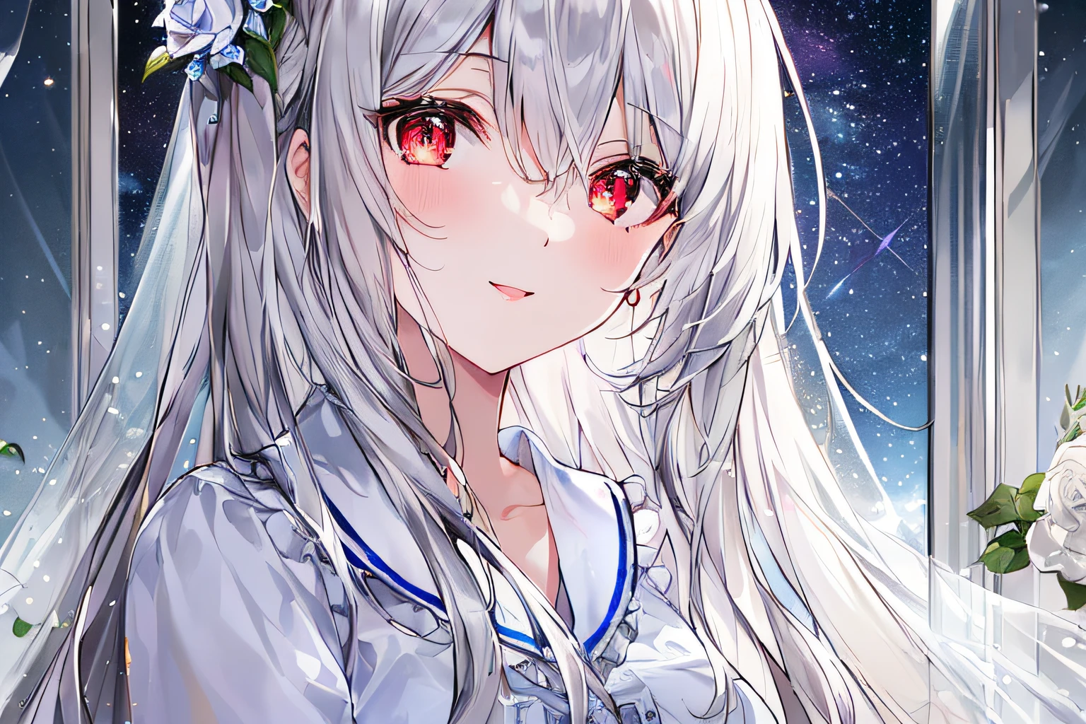 1girl, full body, denim photo, (Rembrandt), illustration, (masterpiece), (best quality), (ultra_detailed), finely detail, (Depth of field), , glove, long hair, star\ (symbol\), looking at viewer, (silver hair:1.2), red eyes, upper body, hair ornament, :p, frills, pink shirt, smile, sleeveless, shirt, idol, symbol-shaped pupils, hands up, sleeveless, shirt, idol, symbol-shaped pupil, bangs, side up, star-shaped pupil, arms up, skirt pulling, roaring twenties, isometric, seen from above, sky, flowerscliff