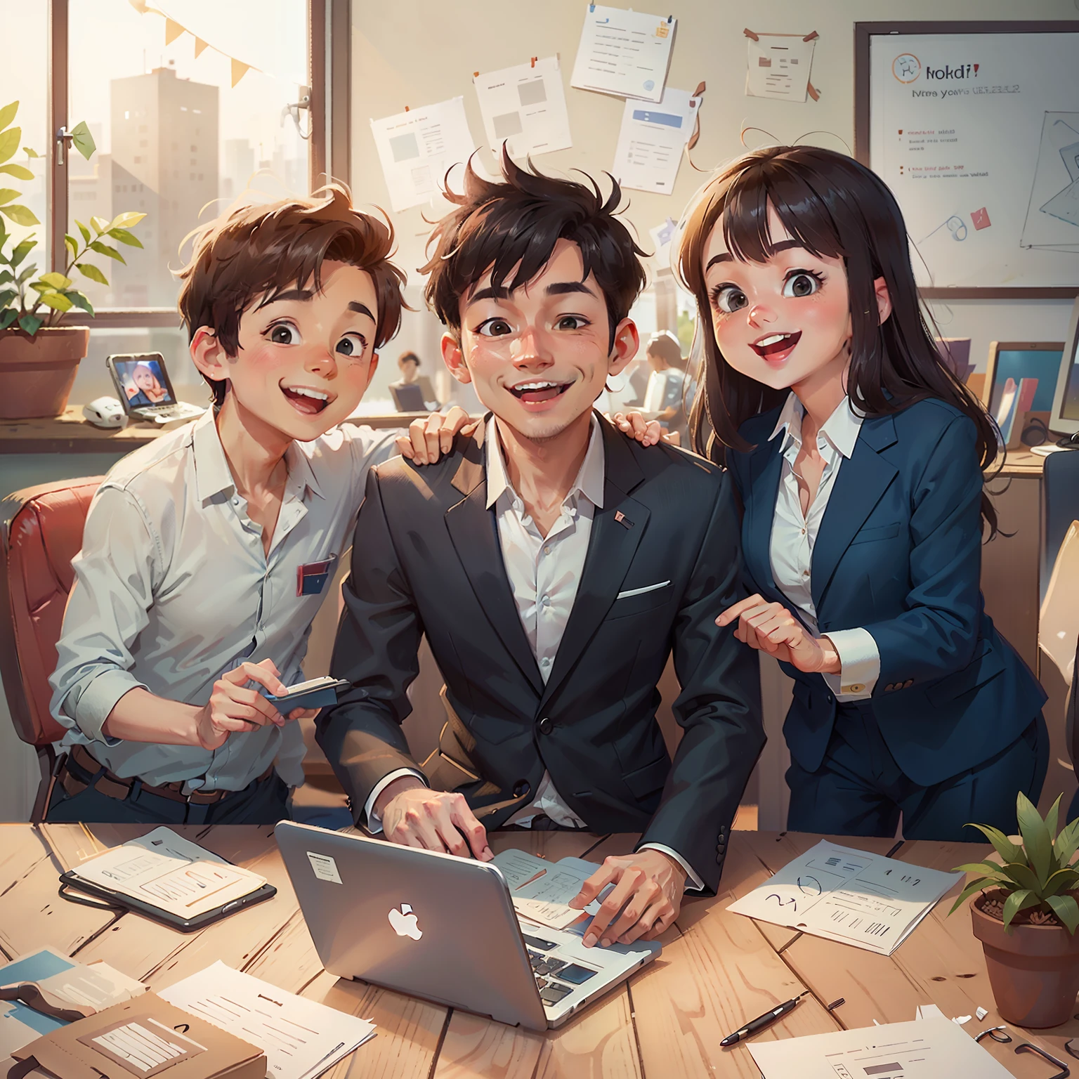 3 businessman whose sell through the internet, bright smile, social promoting products and services