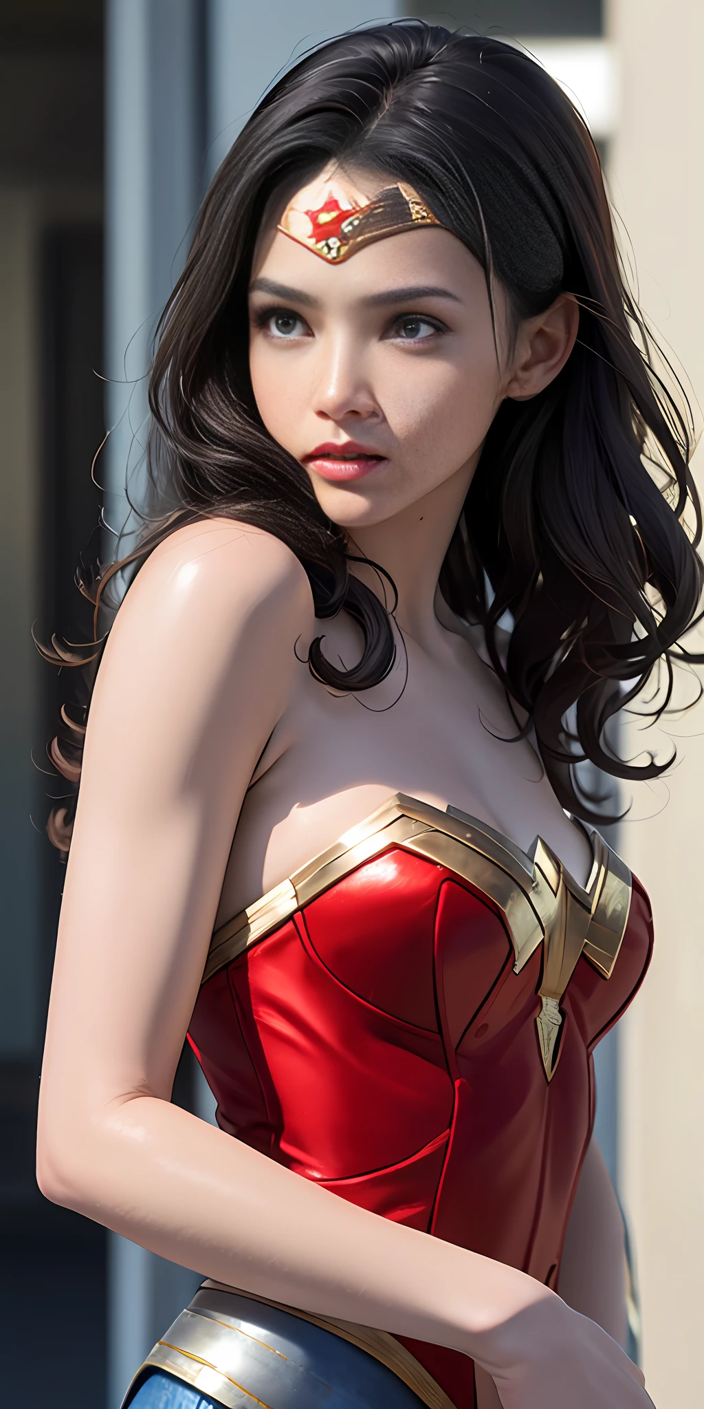 (8k, RAW photo, highest quality, masterpiece: 1.2), (realistic, photorealistic: 1.37), (Linda Carter WW Costume: 1.8), highest quality, ultra high resolution, light leakage, dynamic lighting, round face, cute, slim and smooth skin, (Wonder Woman: 1.4), (soft saturation: 1.6), (fair skin: 1.2), (glossy skin: 1.1), oiled skin, ( Flying: 1.6), 16 years old, night, forehead, bangs, well-formed, hair fluttering in the wind, face-only close-up shot, physically based rendering, from multiple angles