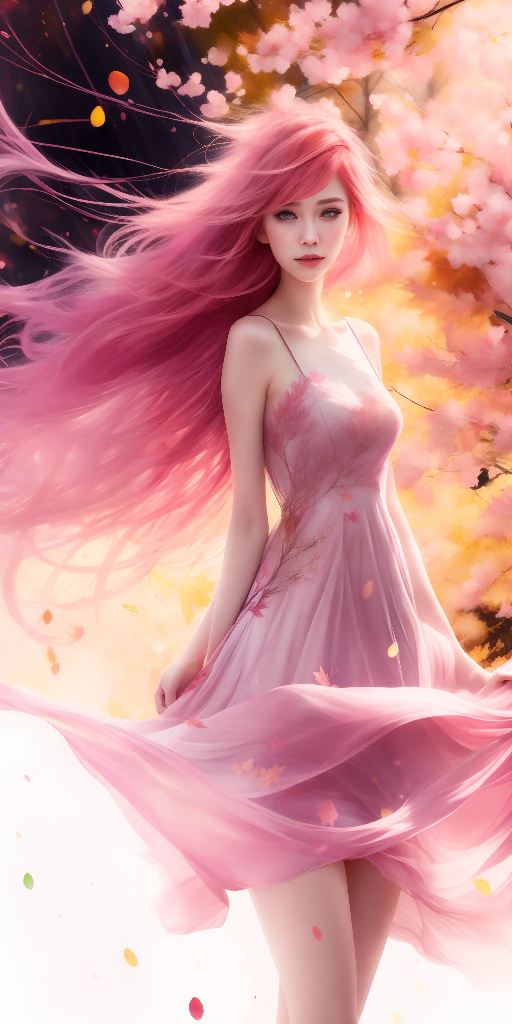 a picture of mse a beautiful woman,the most beautiful girl by agnes cecile, cheerful expression, beautiful pink hair moved by the wind, Sakura leaves in the air, dress moved by the wind,luminous design, pastel colors, ink drops, autumn lights,