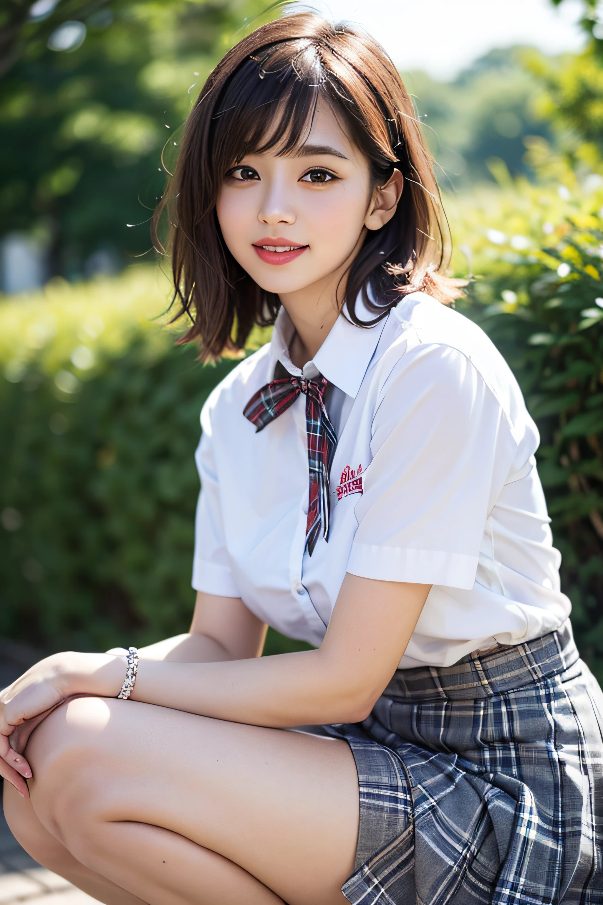 NSFW, 8K raw photo, best quality, masterpiece, ultra high definition, film grain, 1girl, look viewer, natural skin texture, realistic eye and face details, full lips, lipstick, (makeup), red eyeshadow, fluffy short hair, messy hair, smile, close mouth, beautiful legs, tall woman, skinny, solo, mid-chest, shirt, beautiful natural place, around flower position, (detailed background), Knee-length skirt, plaid skirt, white shirt, blurred background, blurred, retention, plaid, short sleeves, JK ribbon around neck, JK ribbon, brown hair, bracelet, water, bangs, uniform, jewelry, parted lips, lips, from the front, pleated skirt, depth of field