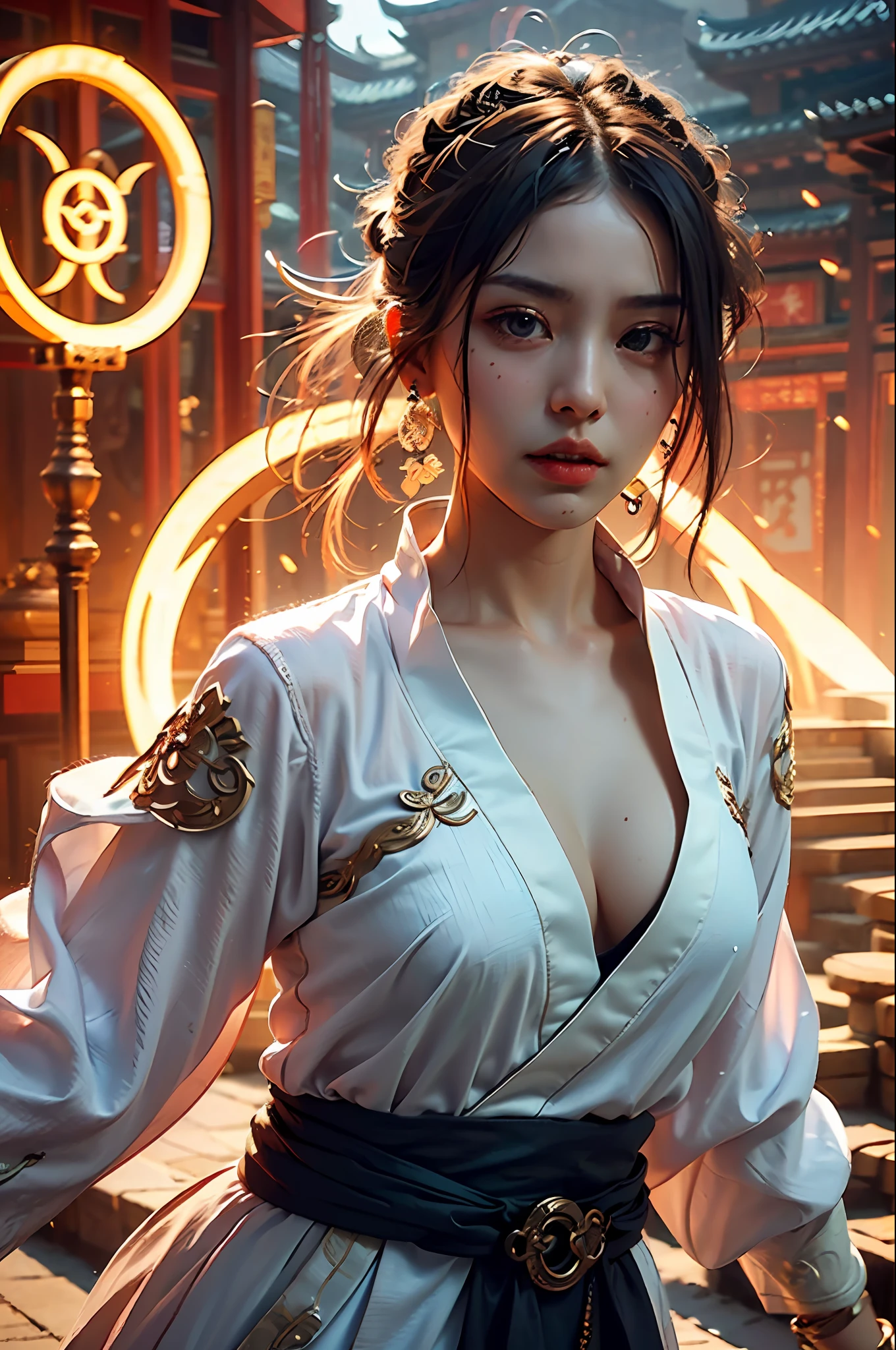 Best quality,masterpiece,ultra high res,(photorealistic:1.4),xiuxian,weapon,Detailed face,
1girl,solo,weapon,cleavage,(magic circle:1.2),xiuxian,upper body,Beautiful girl,full body,east asian architecture,sheath,architecture,