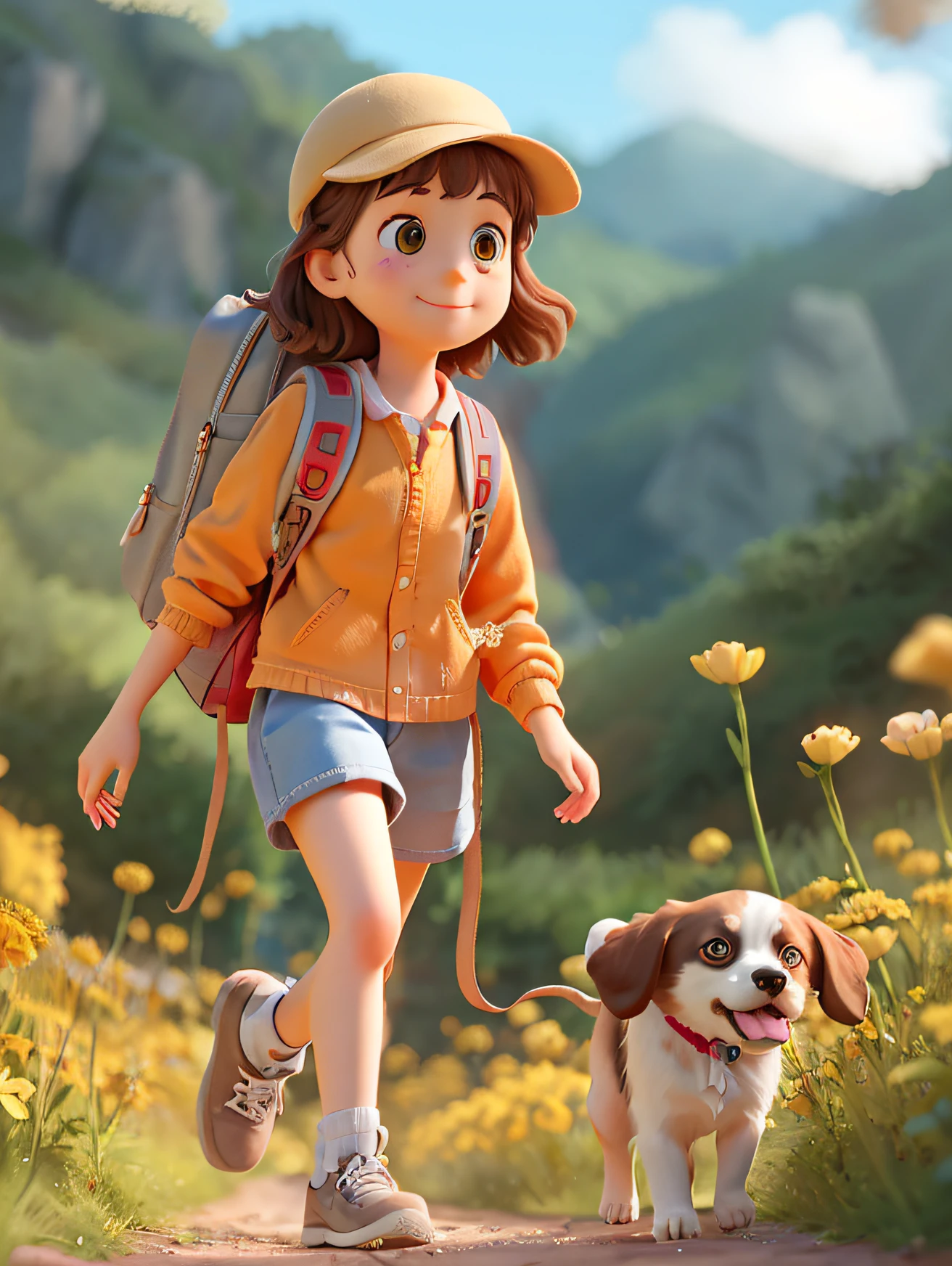 A very charming with a backpack and her cute border collie puppy enjoying a lovely spring outing surrounded by beautiful yellow flowers and nature. The illustration is a high-definition illustration in 4K resolution with highly detailed facial features and cartoon-style visuals.