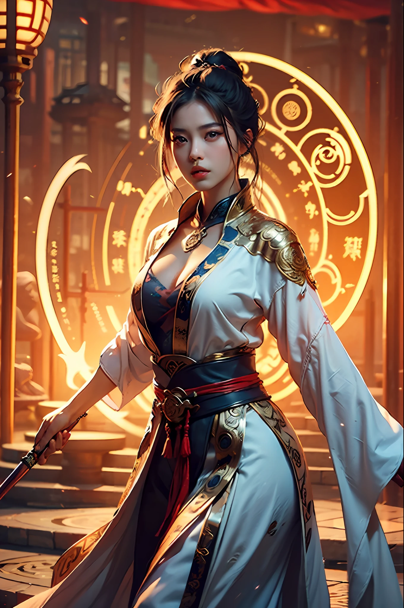 Best quality,masterpiece,ultra high res,(photorealistic:1.4),xiuxian,weapon,Detailed face,
1girl,solo,weapon,cleavage,(magic circle:1.2),xiuxian,upper body,Beautiful girl,full body,east asian architecture,sheath,architecture,