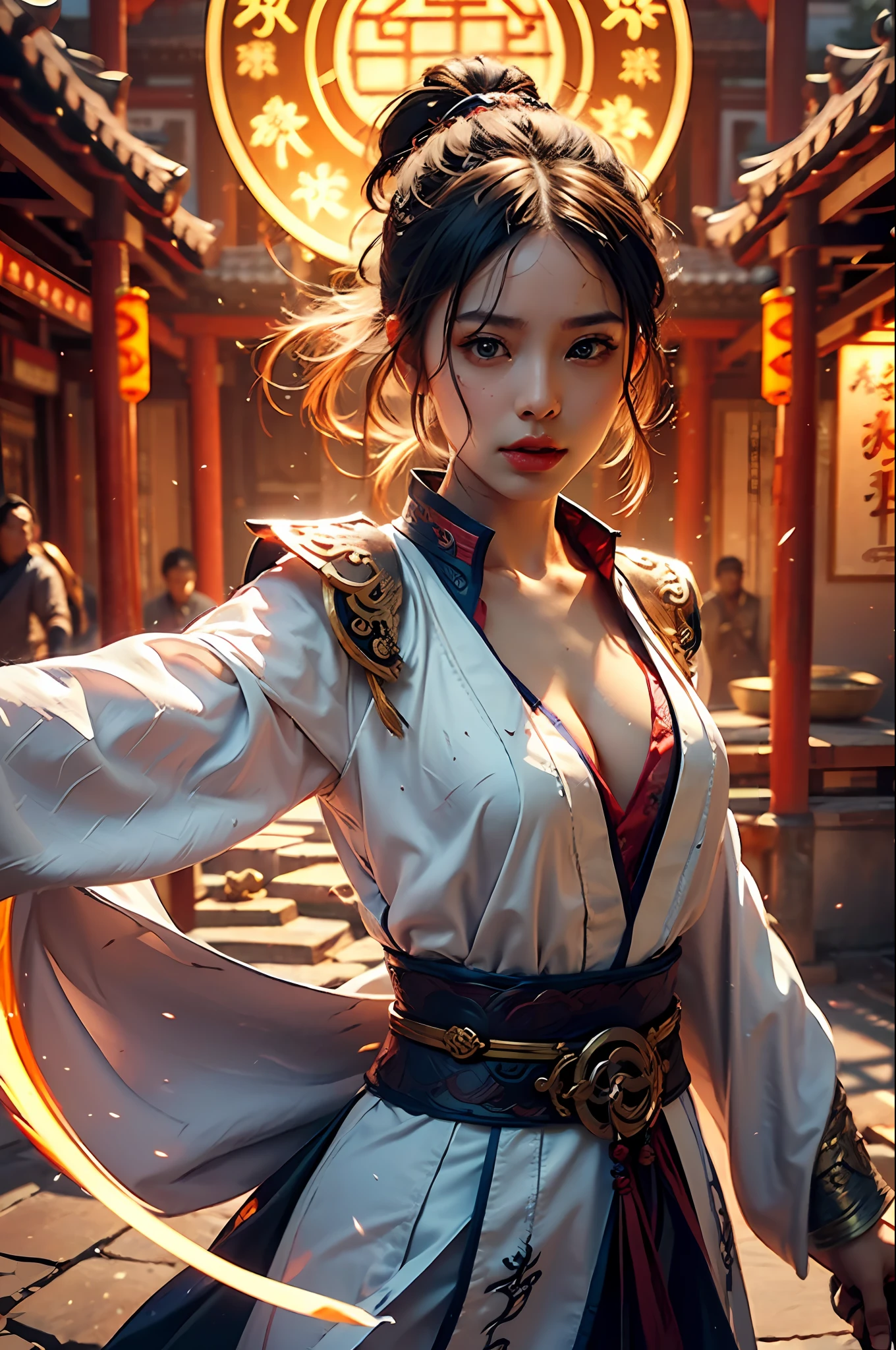 Best quality,masterpiece,ultra high res,(photorealistic:1.4),xiuxian,weapon,Detailed face,
1girl,solo,weapon,cleavage,(magic circle:1.2),xiuxian,upper body,Beautiful girl,full body,east asian architecture,sheath,architecture,
