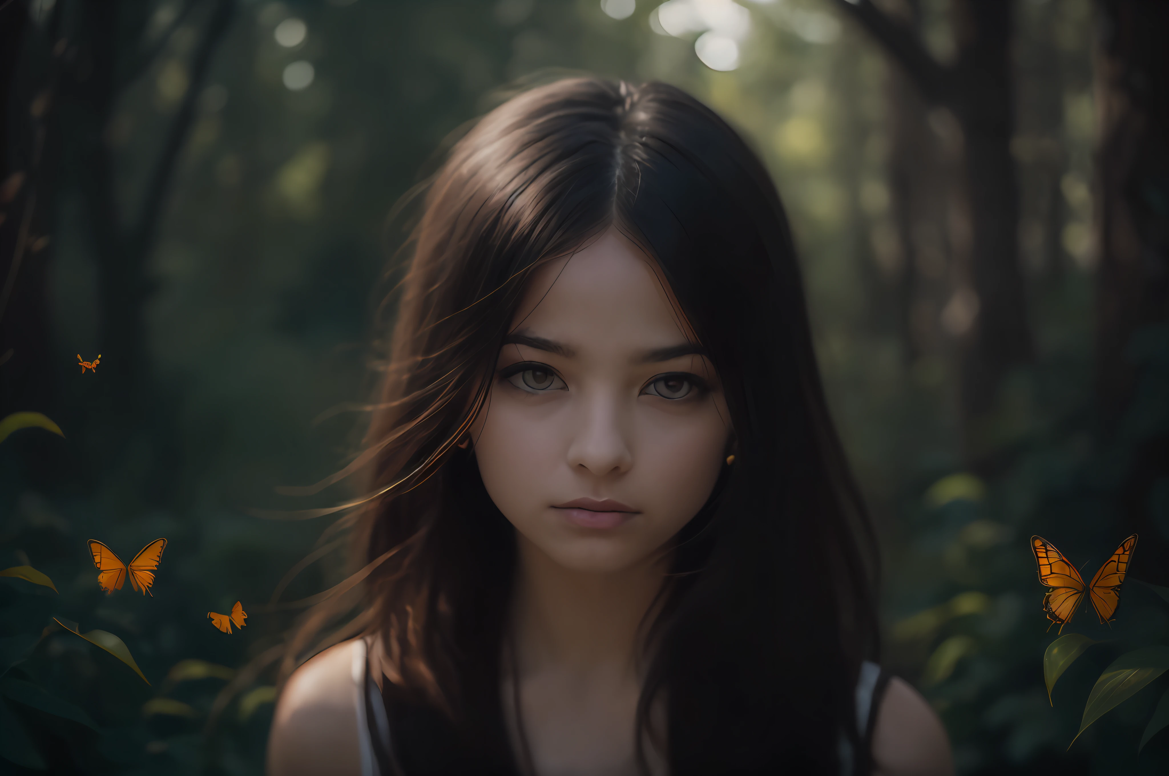 ((Realistic lighting, superlative, 8k, masterpiece: 1.3)), beautiful 20-year-old 1 girl, long straight black hair, 1930s atmosphere, quiet woods, wireless grass, grass, reaching out looking at butterflies flying, film photography, Kodak, dreamy atmosphere, film grain, film photography, concept photography, real, realistic, zoom off, various poses