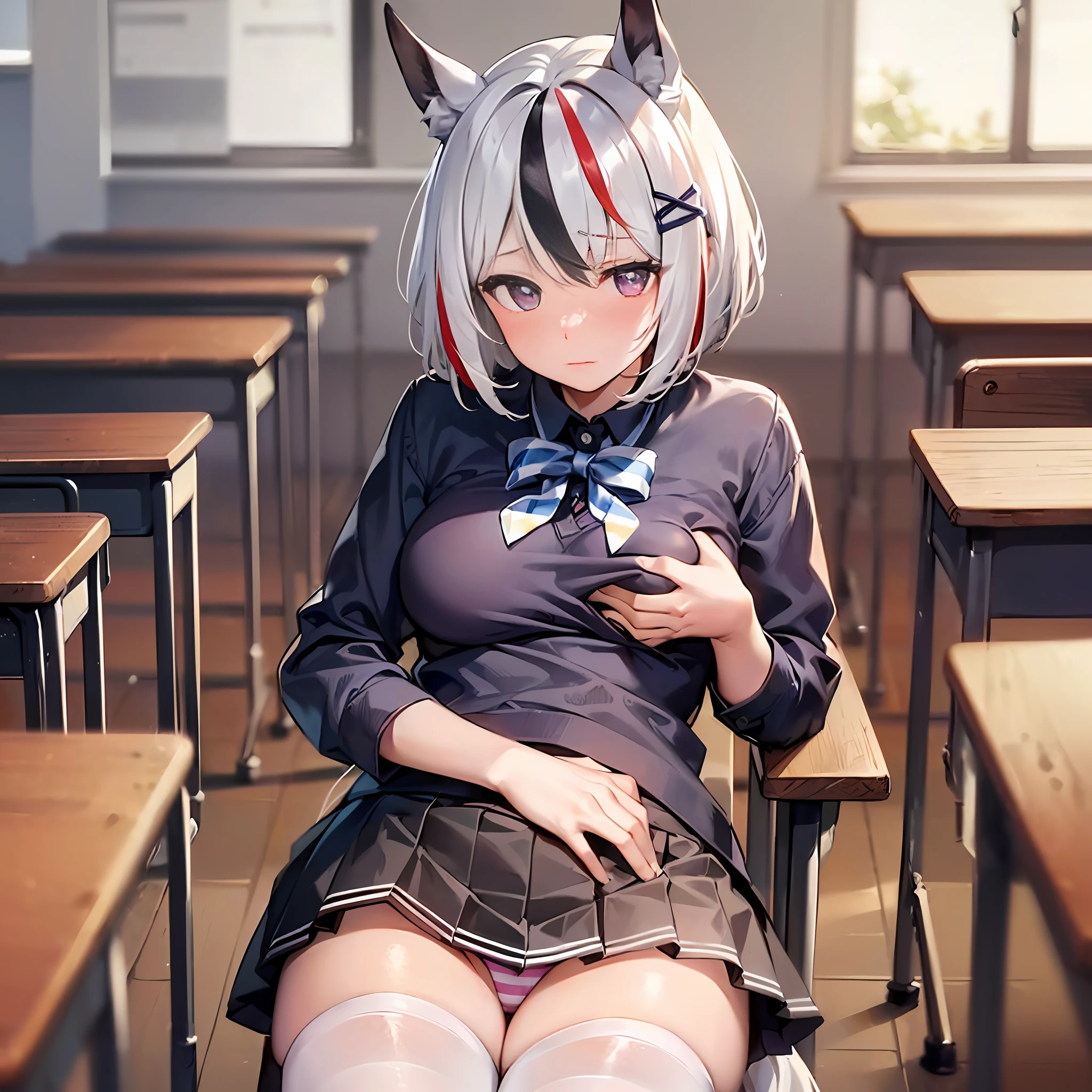 dusk, in summer, (classroom:1.1), ((1girl:1.1), (solo:1.1), (horse girl:1.2):1.05), ((guided breast grab:1.2), (first-person view:1.15), breast conscious, (looking away:1.2), (expressionless:1.05), ear blush:1.2), (white hair, (streaked hair:1.05), bob cut, carrot hair ornament:1.2), medium breasts, (purple eyes:1.15), gradient eyes, bright pupils, eyelashes, (school uniform, (horse ears:1.1), (horse tail:1.1), (pleated skirt:1.05), striped panties, white thighhighs, (uwabaki:1.05):1.1),上半身