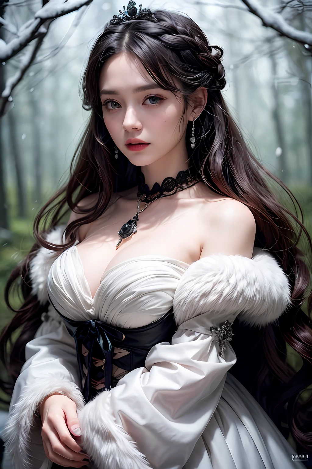 a woman in black victorian dress,robes,skull trinkets,dark roses, green diamond eyes, various wavy hairstyle, makeup:0.5, (earing,neckleace), princess thing, snow forest background, snowfall, delicate eyes, large-breasted, cinematic lighting, ultra hi-res photograph, (masterpiece,best quality,realistic):1.4,