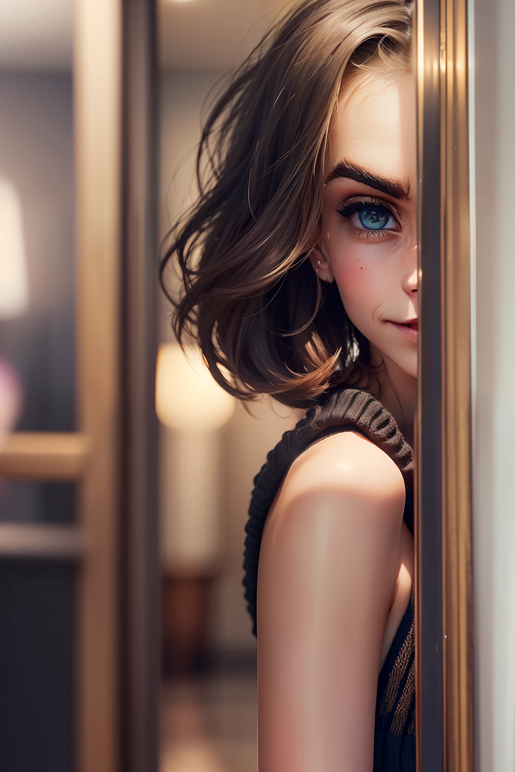 (((Cara Delevingne))), (a very tall slender woman standing in the lobby of a hotel), (round breasts), (big eyes), ((small head)), (((She is wearing a short black knit dress))), (photorealistic), (ray tracing), (cinema lighting), (sharp focus), (detailed face), natural and realistic skin textures, gentle face, (she smiles), whole body, (perspective from back down), ((pooppy little butt))
