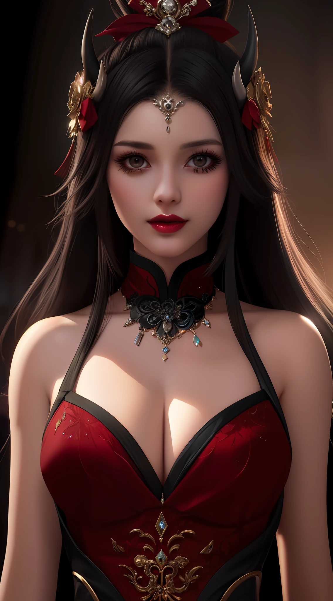 best quality, masterpiece, highres, 1girl, lingerie china armor, hair ornament, necklace, jewelry, Beautiful face, upon_body, tyndall effect, photorealistic, dark studio, rim lighting, two tone lighting, (high detailed skin:1.2), 8k uhd, dslr, soft lighting, high quality, volumetric lighting, candid, Photograph, high resolution, 4k, 8k, Bokeh, medium breasts, (light pink lips), 1 beautiful devil woman from hell, In the Dark: 1.6), surreal female portrait by David Hockney and Alphonse Mucha, fantasy art, korea doll, photorealism, dynamic lighting, artstation, poster, volumetric lighting, very detailed faces, 8k ultra, Awarded, in the dark, deep shadow, low key, cowboy lens, (Red phoenix dress: 1.4), long hair, black hair, bust, luxurious palace, Royal style, devil crown, red eyes make up very sharp and detailed, The most beautiful face, The breasts are very big and round and round, Super realistic, chinese women's clothing, polo neck sweater, Charming smile, The eyes are very well made up, guweiz, devil style, wearing black mesh socks, Ponytail with a bow tied at the back of the hair, Red black lips, Devil tattoo on shoulder, wearing a thin red and black robe, the landscape is overcast and thunderous, (Portrait), Close-up of the main character, (Background details 1.8),