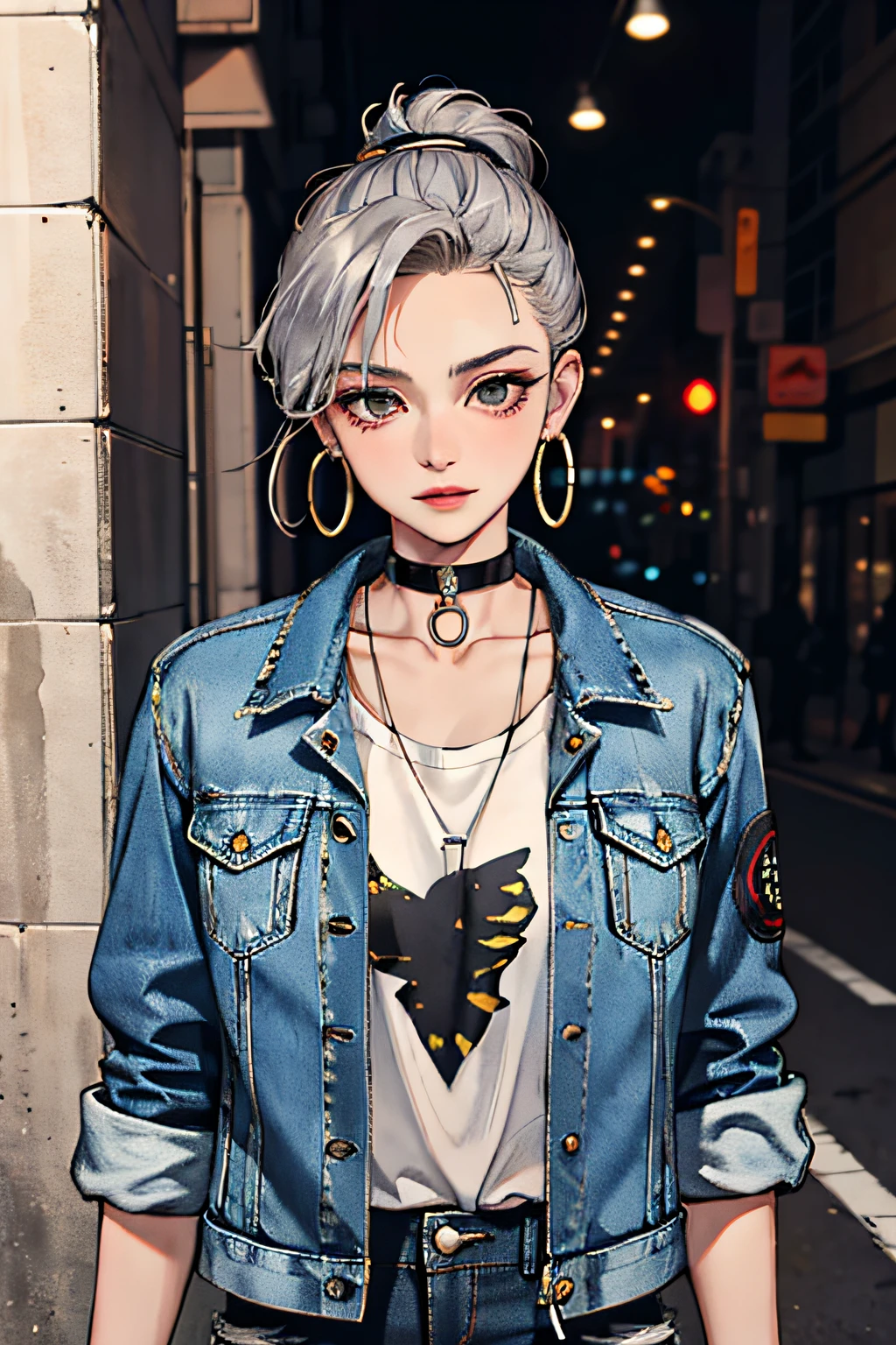 (masterpiece:1.2, best quality), (1lady, solo, upper body:1.2), Hair: buzz cut, Clothing: oversized, distressed denim jacket with patches and pins, paired with black skinny jeans and combat boots, Accessories: silver hoop earrings and a black choker necklace, Hanging out in an underground music venue or street art exhibit