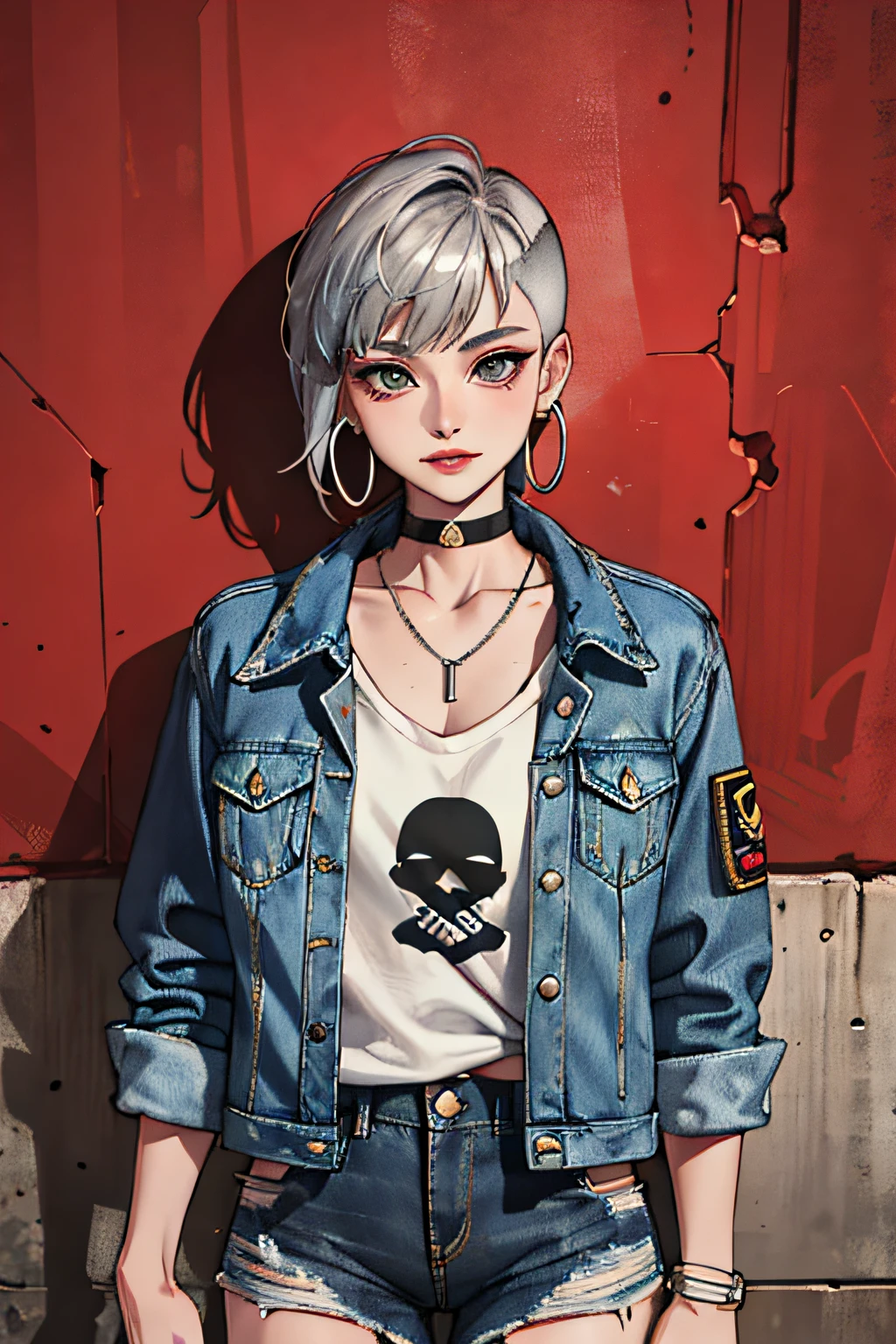(masterpiece:1.2, best quality), (1lady, solo, upper body:1.2), Hair: buzz cut, Clothing: oversized, distressed denim jacket with patches and pins, paired with black skinny jeans and combat boots, Accessories: silver hoop earrings and a black choker necklace, Hanging out in an underground music venue or street art exhibit