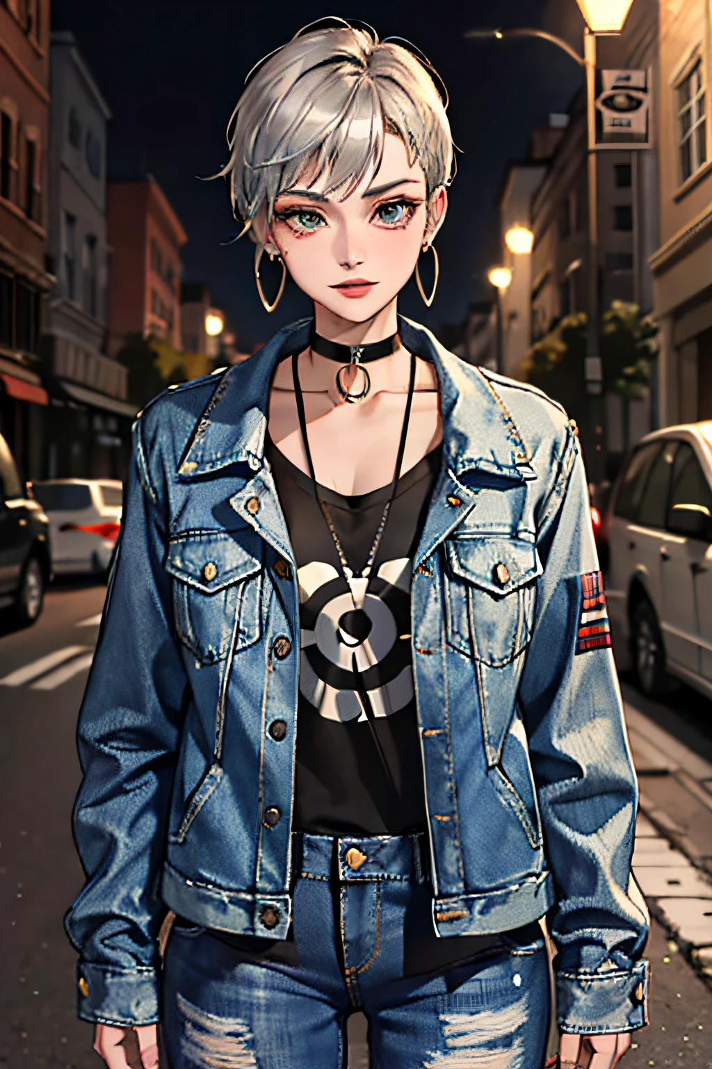 (masterpiece:1.2, best quality), (1lady, solo, upper body:1.2), Hair: buzz cut, Clothing: oversized, distressed denim jacket with patches and pins, paired with black skinny jeans and combat boots, Accessories: silver hoop earrings and a black choker necklace, Hanging out in an underground music venue or street art exhibit