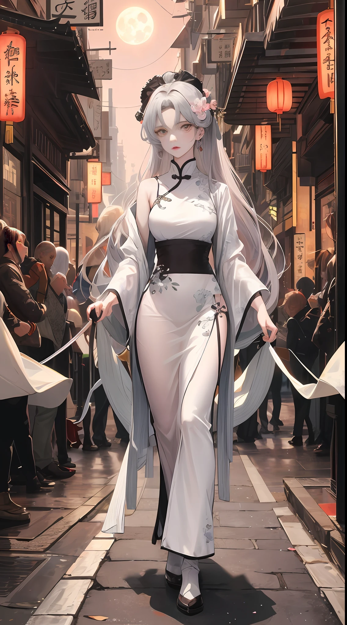 Masterpiece, Superb Beauty, Night, Full Moon, 1 Woman, Mature Woman, Chinese Style, Ancient China, Sister, Royal Sister, Silver-white Long-Haired Woman, Pale Pink Lips, Calm, Intellectual, Three Bands, Gray Eyes, Assassin, Short Knife, Flower Ball Background, Walking Street View