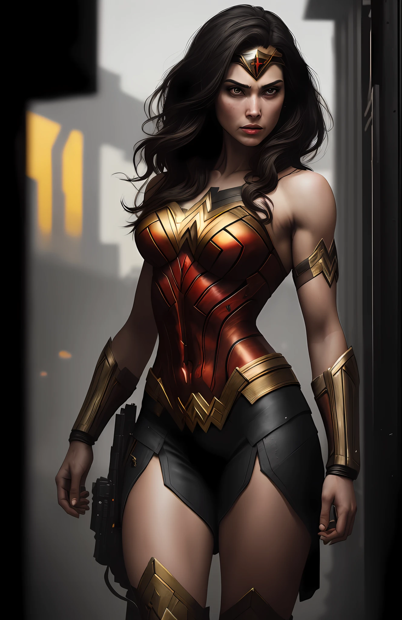 (dark shot: 1.1), epic realistic, God Wonder Woman from DC, yellow gradient, black, brown and magenta color scheme, grunge aesthetic!!! graffiti tag wall background, art by Greg Rutkowski and artgerm, soft cinematic light, Adobe Lightroom, darkroom, HDR, intricate, highly detailed, (depth of field: 1.4), faded, (neutral colors: 1.2), (hdr: 1.4), (muted colors: 1.2), hyper-detail (artstation: 1.4), cinematic, warm light, dramatic light (complex details: 1.1)
