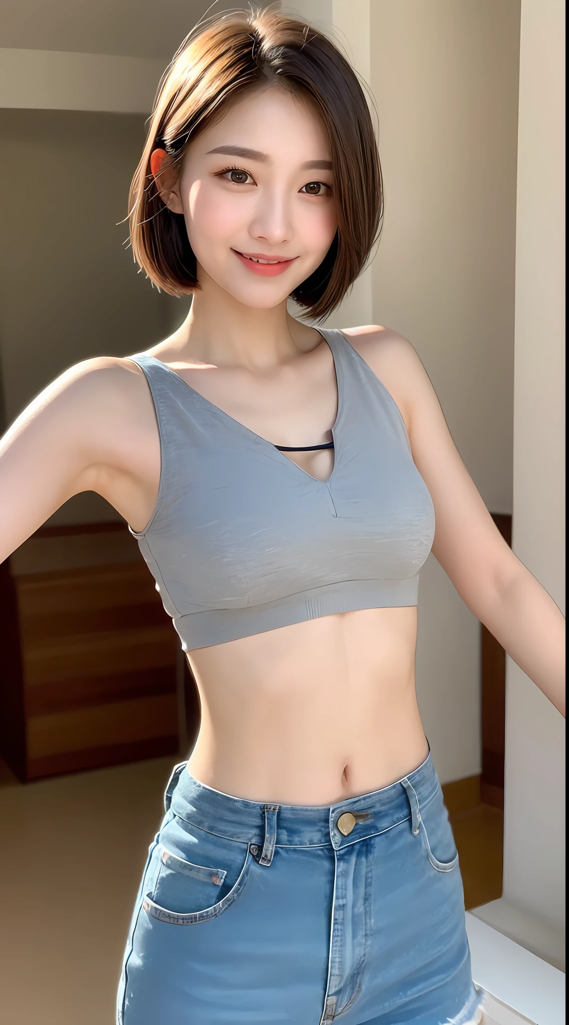((Best Quality, 8K, Masterpiece: 1.3)), 1 Girl, Slim Abs Beauty: 1.3, (Hairstyle Casual, Big: 1.2), Dress: 1.1, Super Slender Face, Delicate Eyes, Double Eyelids, Smile, Home, Raw Photo