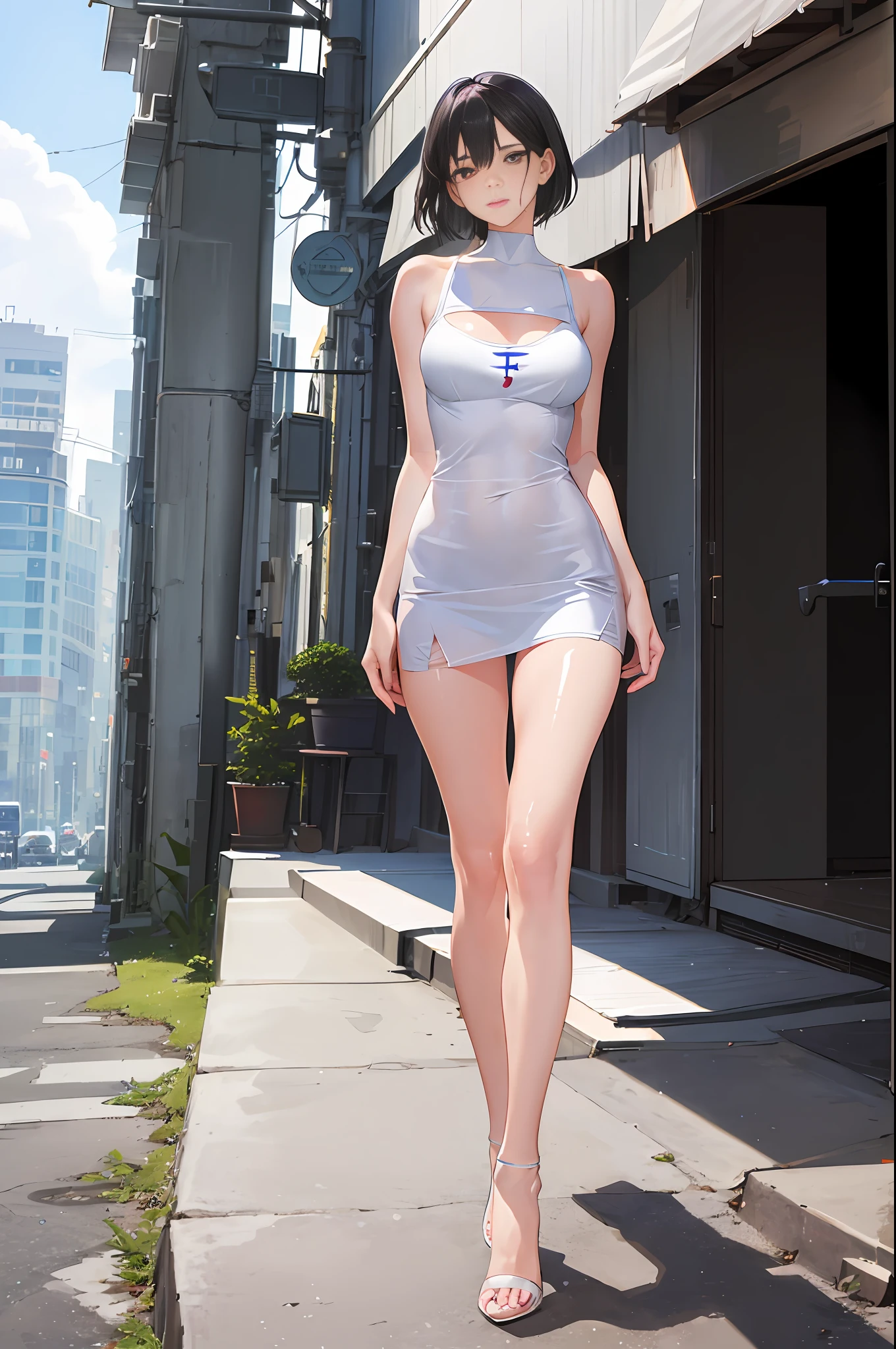 1girl, solo, full body portrait, white camisole vest, high heels, yoga suit, black silk, masterpiece, best quality, realistic, super detailed, (shiny skin, sweating: 1.4), looking at the audience, light blue short hair, red eyes, slender, dynamic light and shadow, high resolution, sharp focus, depth of field, fine eyes, pupil sharp, pupil realistic, (C cup: 1.2), (skin white: 2.0), (long legs: 1.8), (clothes transparent: 1.5), outdoor, sky