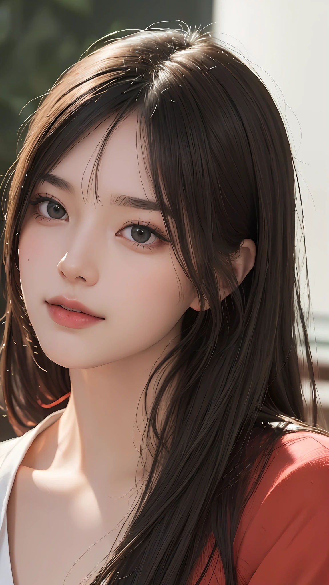 masterpiece, best picture quality, high quality, beautiful girl, Japanese, Japanese school girl, popular Korean makeup, detailed, swollen eyes, detailed eyes, detailed skin, beautiful skin, ultra high resolution, (reality: 1.4), very beautiful, slightly younger face, beautiful skin, slender, (ultra realistic), (illustration), (high resolution), (8K), (highly detailed), (best illustration), (beautifully detailed eyes), (super detailed), (wallpaper), (detailed face), looking at viewer, fine details, detailed face, pureerosfaceace_v1, smiling, looking straight ahead, looking straight ahead, angle from waist up, realistic photo, bright lighting, professional lighting, black hair (some green), long hair, dark ruins, big red moon, gorgeous red and black dress, mature woman, long stylish bangs,