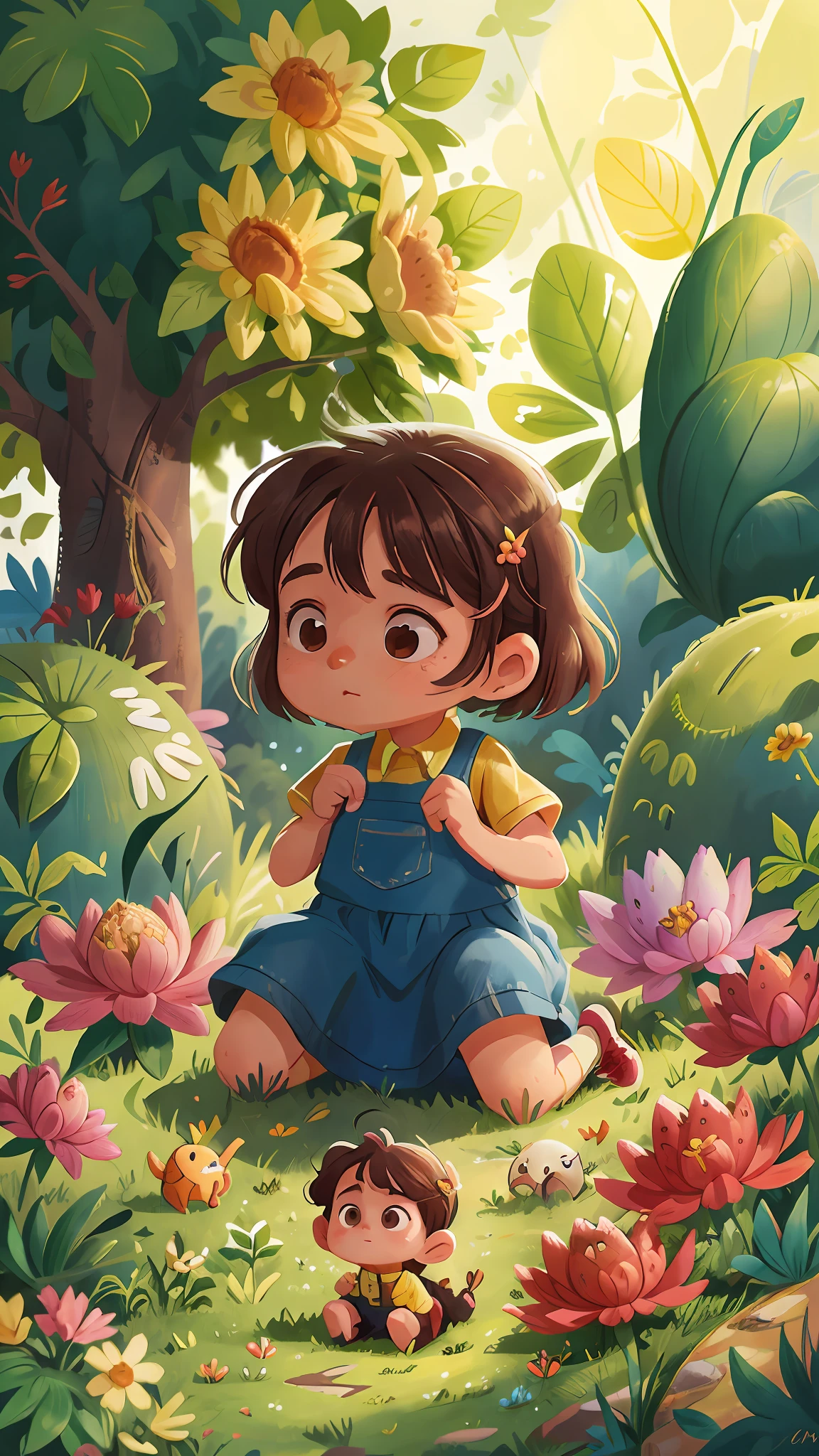 A 6-year-old girl is on her knees in a garden, is looking at the ground, looking for something, she is wearing gardener's clothes, is serious, curious, side view of the scene, perfect quality, clear focus (mess - house: 0.8), (masterpiece: 1.2) (Realistic: 1.2) (Bokeh) (Best quality) (Detailed Skin: 1.3) (Intricate Details) (8K) (Eye Detail) (Sharp Focus), (Unfortunate)