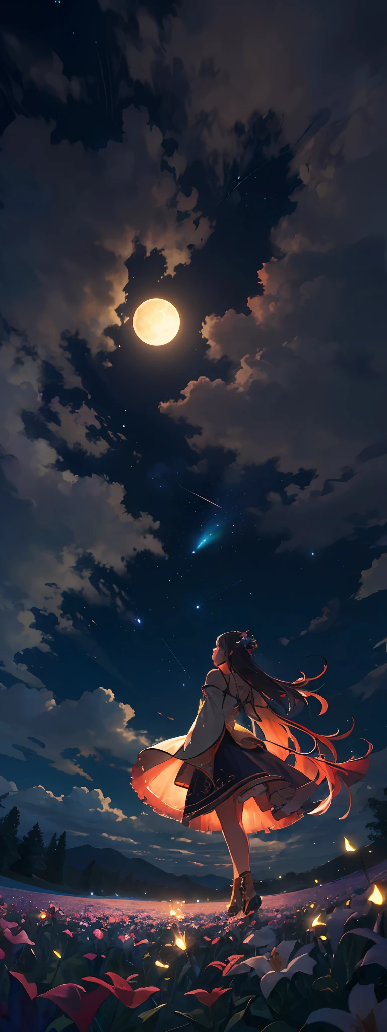 Vast landscape photo, (viewed from below, the sky is above and the open field is below), a girl standing on a flower field looking up, (full moon: 1.2), (meteor: 0.9), (nebula: 1.3), distant mountains , Trees BREAK Crafting Art, (Warm Light: 1.2), (Fireflies: 1.2), Lights, Lots of Purple and Orange, Intricate Details, Volumetric Lighting, Realism BREAK (Masterpiece: 1.2), (Best Quality), 4k, Ultra-Detailed, (Dynamic Composition: 1.4), Very Detailed, Colorful Details, (Rainbow Colors: 1.2), (Glow Lighting, Atmospheric Lighting), Dreamy, Magical, (Solo: 1.2)