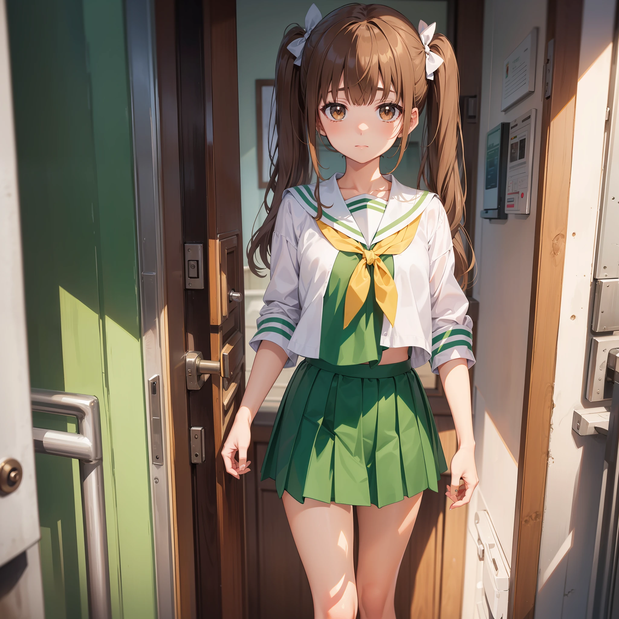 (masterpiece), best quality, ultra high res, expressive eyes, perfect feminine face, brown eyes, flat chested, (((anzu kadotani))), brown hair, twintails, side swept bangs, hair bow, standing at the entrance, welcoming you home, in white sailor wearing with green line on it, green pleated skirt