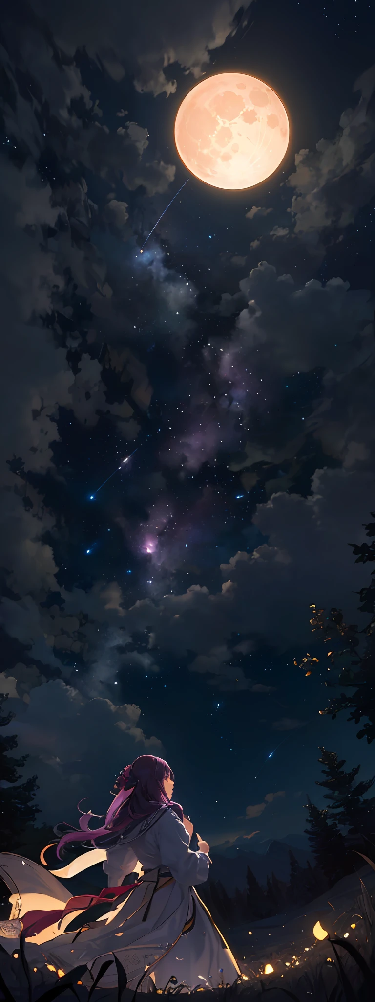 Vast landscape photo, (viewed from below, the sky is above and the open field is below), a girl standing on a flower field looking up, (full moon: 1.2), (meteor: 0.9), (nebula: 1.3), distant mountains , Trees BREAK Crafting Art, (Warm Light: 1.2), (Fireflies: 1.2), Lights, Lots of Purple and Orange, Intricate Details, Volumetric Lighting, Realism BREAK (Masterpiece: 1.2), (Best Quality), 4k, Ultra-Detailed, (Dynamic Composition: 1.4), Very Detailed, Colorful Details, (Rainbow Colors: 1.2), (Glow Lighting, Atmospheric Lighting), Dreamy, Magical, (Solo: 1.2)