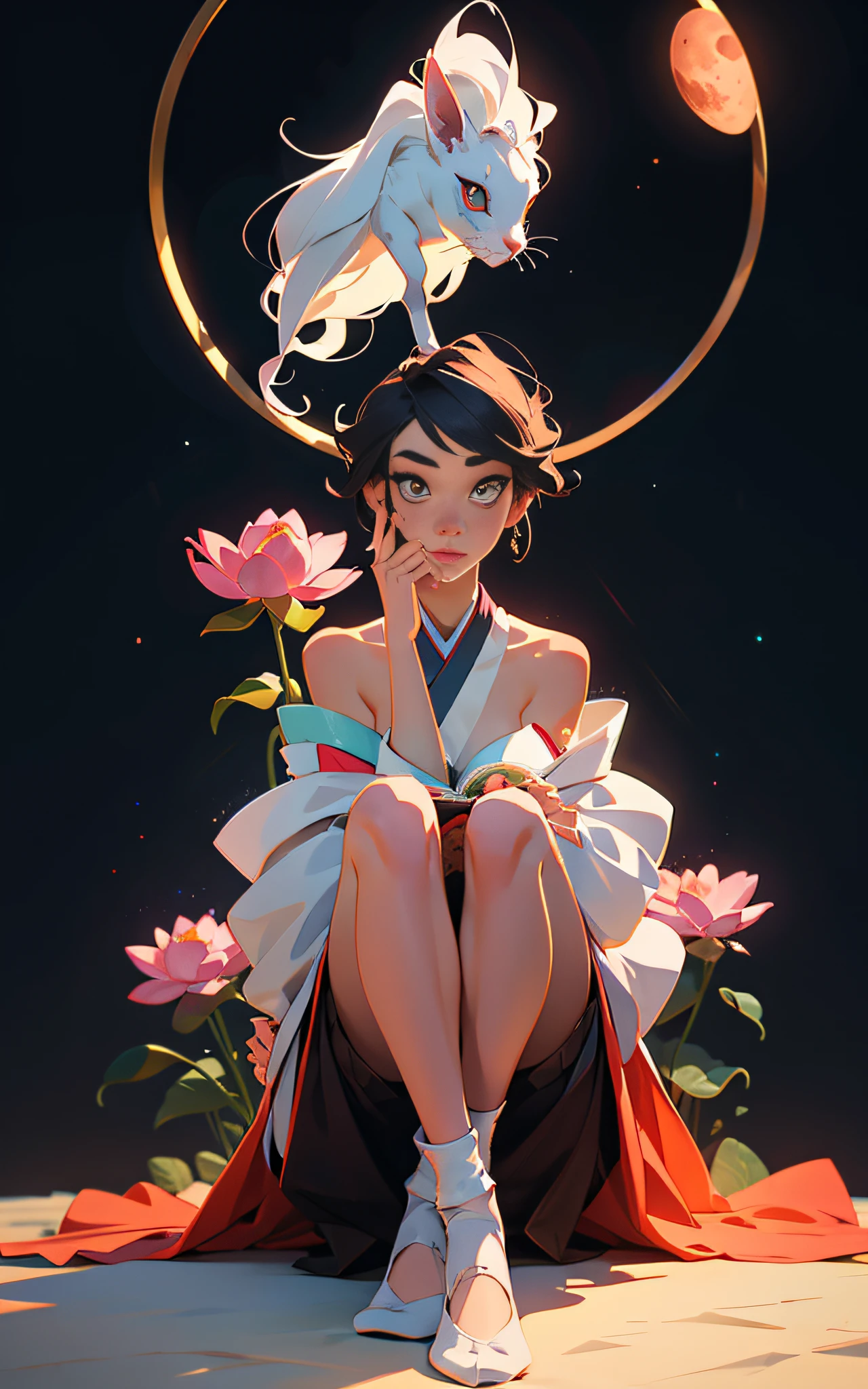 VISUAL STYLE: Detailed, GENRE: Masterpiece, ITEM(S): Very Beautiful Girl, TIME PERIOD: N/A, COLOR: White, ASPECT RATIO: 9:16, FORMAT: Digital, FRAME SIZE: Ultra High Resolution, LENS SIZE: N/A, COMPOSITION: unbuttoned kimono, white long hair, multicolored eyes, Sitting in the lotus position, hands pointing to the sides, LIGHTING: Dim, LIGHTING TYPE: Membranous, TIME OF DAY: Night, ENVIRONMENT: Exterior, LOCATION TYPE: Starry Sky, SET: N/A, CAMERA: N/A, LENS: N/A, FILM/RESOLUTION: Ultra High Resolution, TAGS: Detailed Anatomy, Flawless Anatomy, White Socks, Short Socks, Tattoo, Mantra Reading, Big Fluffy Hare, Red Moon, Detailed Eyes, Eyes of Different Colors, Detailed Face, Nudity, NfsW, Halo Around Head, Bare Shoulders.