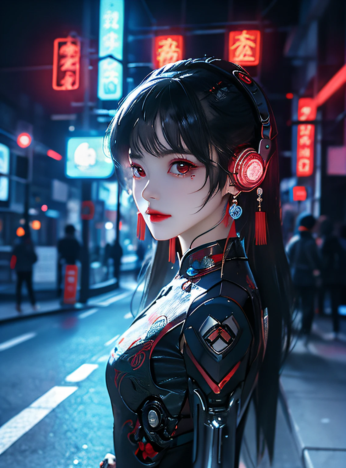 1 girl, Chinese_clothes, liquid black titanium and red, cyberhan, cheongsam, cyberpunk city, dynamic pose, detailed luminous headphones, luminous hair accessories, long hair, luminous earrings, luminous necklace, cyberpunk, high-tech city, full of mechanical and futuristic elements, futuristic, technology, glowing neon, red, red light, transparent black tulle, black ribbon, laser, digital background urban sky, big moon, with vehicles, best quality, masterpiece, 8K, character edge light, Super high detail, high quality, the most beautiful woman in human beings, smiling slightly, face facing front and left and right symmetry, ear decoration, beautiful pupils, light effects, visual data, dark black hair, super detail facial texture, city center, squat, full body entry