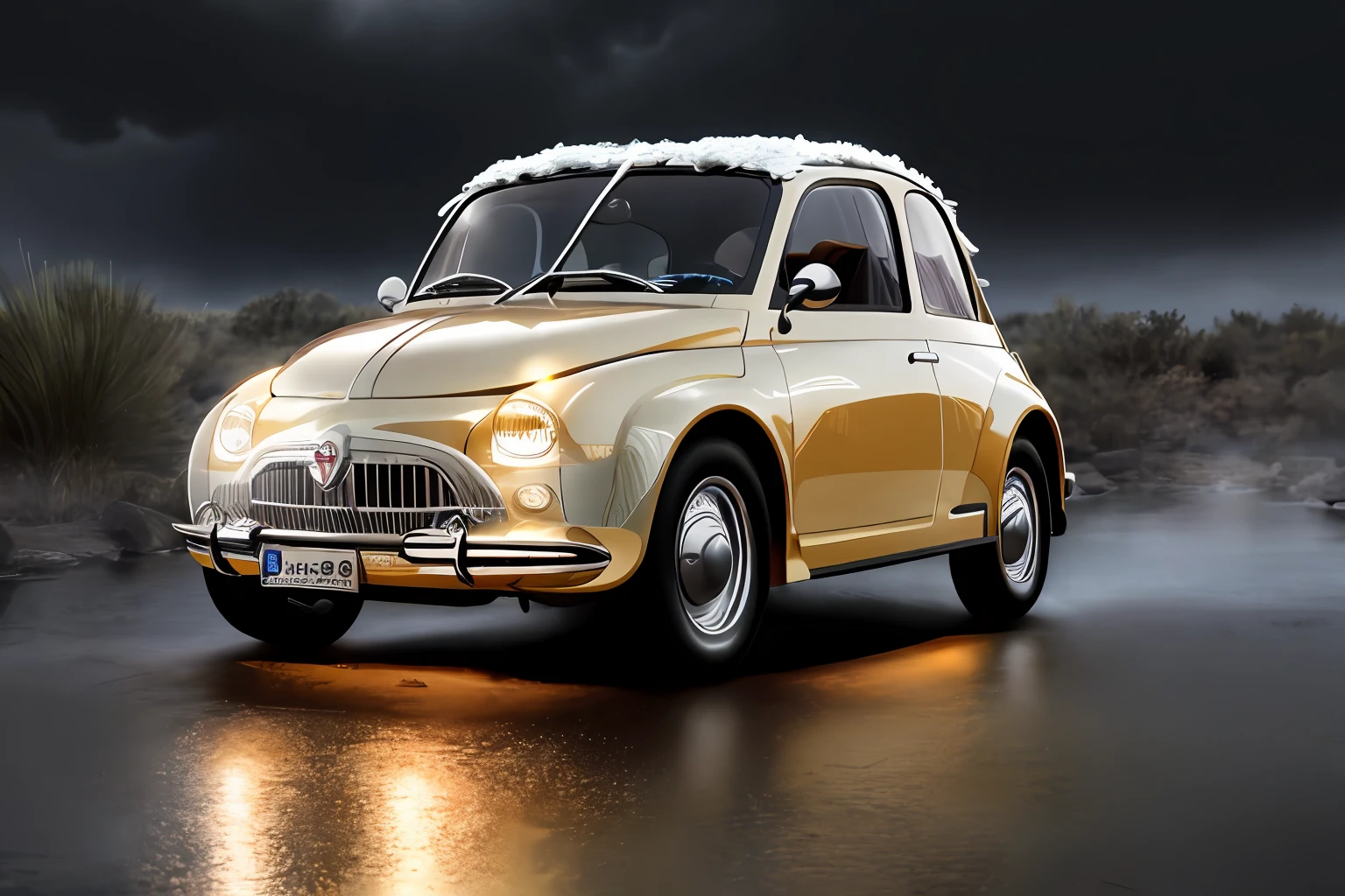 Digital photo of Fiat 500 Topolino 1940s on the empty outdoor desert, , heavy rain, water drop, on aesthetic light glow in the cloudy sky, neon sign in the dark night, winter night, falling snow, foggy night , strong rim lighting, soft contrasted, thunder lightning in the stormy sky, 8k uhd, dlsr, Oled, dark lighting, high quality, film grain, Fujifilm XT3, highly detailed, excellent composition, cinematic concept art, dramatic lighting, trending on artstation by Kaiwan Shaban, James O'Brien, Vadim Ignatiev,