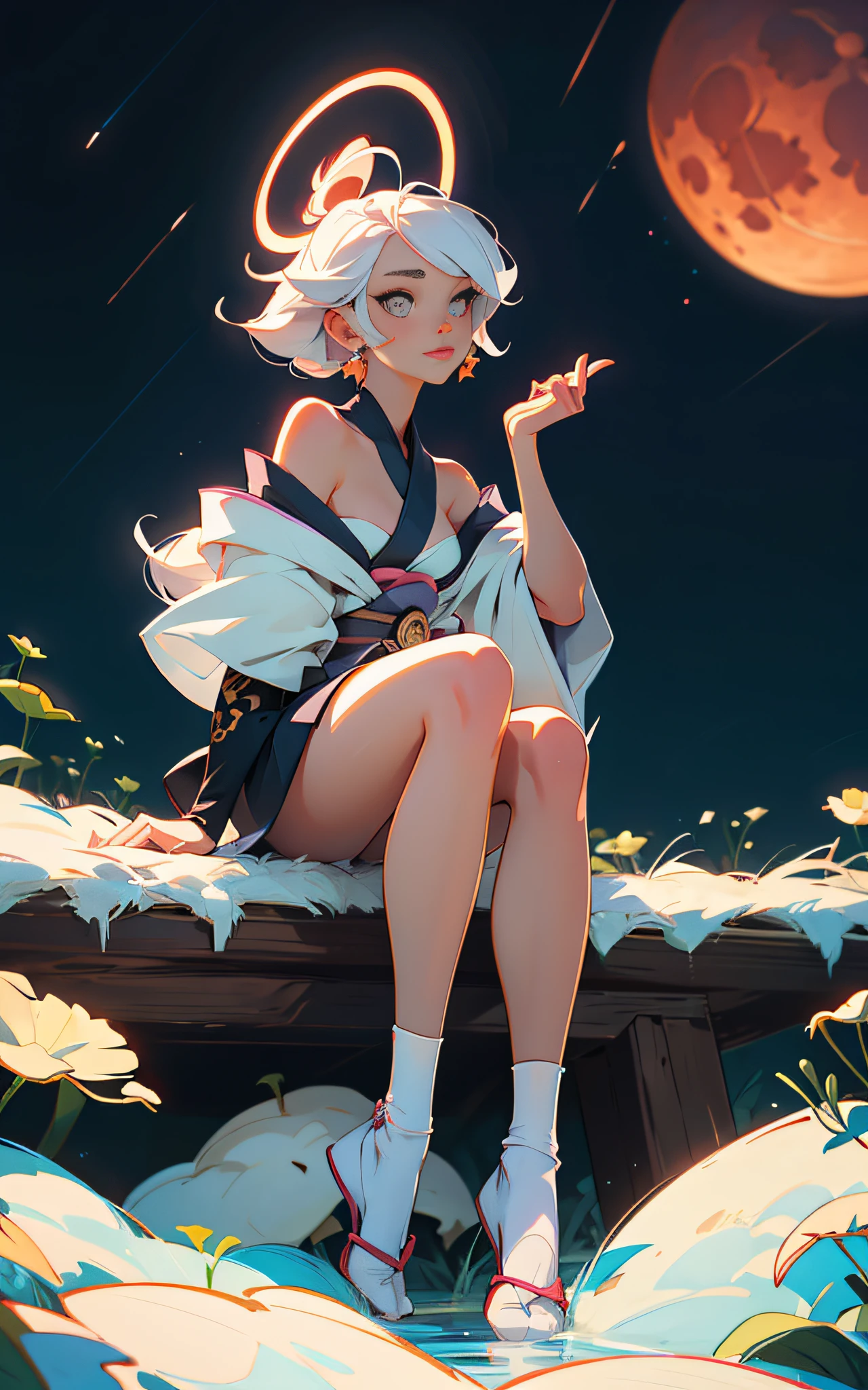 VISUAL STYLE: Detailed, GENRE: Masterpiece, ITEM(S): Very Beautiful Girl, TIME PERIOD: N/A, COLOR: White, ASPECT RATIO: 9:16, FORMAT: Digital, FRAME SIZE: Ultra High Resolution, LENS SIZE: N/A, COMPOSITION: unbuttoned kimono, white long hair, multicolored eyes, Sitting in the lotus position, hands pointing to the sides, LIGHTING: Dim, LIGHTING TYPE: Membranous, TIME OF DAY: Night, ENVIRONMENT: Exterior, LOCATION TYPE: Starry Sky, SET: N/A, CAMERA: N/A, LENS: N/A, FILM/RESOLUTION: Ultra High Resolution, TAGS: Detailed Anatomy, Flawless Anatomy, White Socks, Short Socks, Tattoo, Mantra Reading, Big Fluffy Hare, Red Moon, Detailed Eyes, Eyes of Different Colors, Detailed Face, Nudity, NfsW, Halo Around Head, Bare Shoulders.