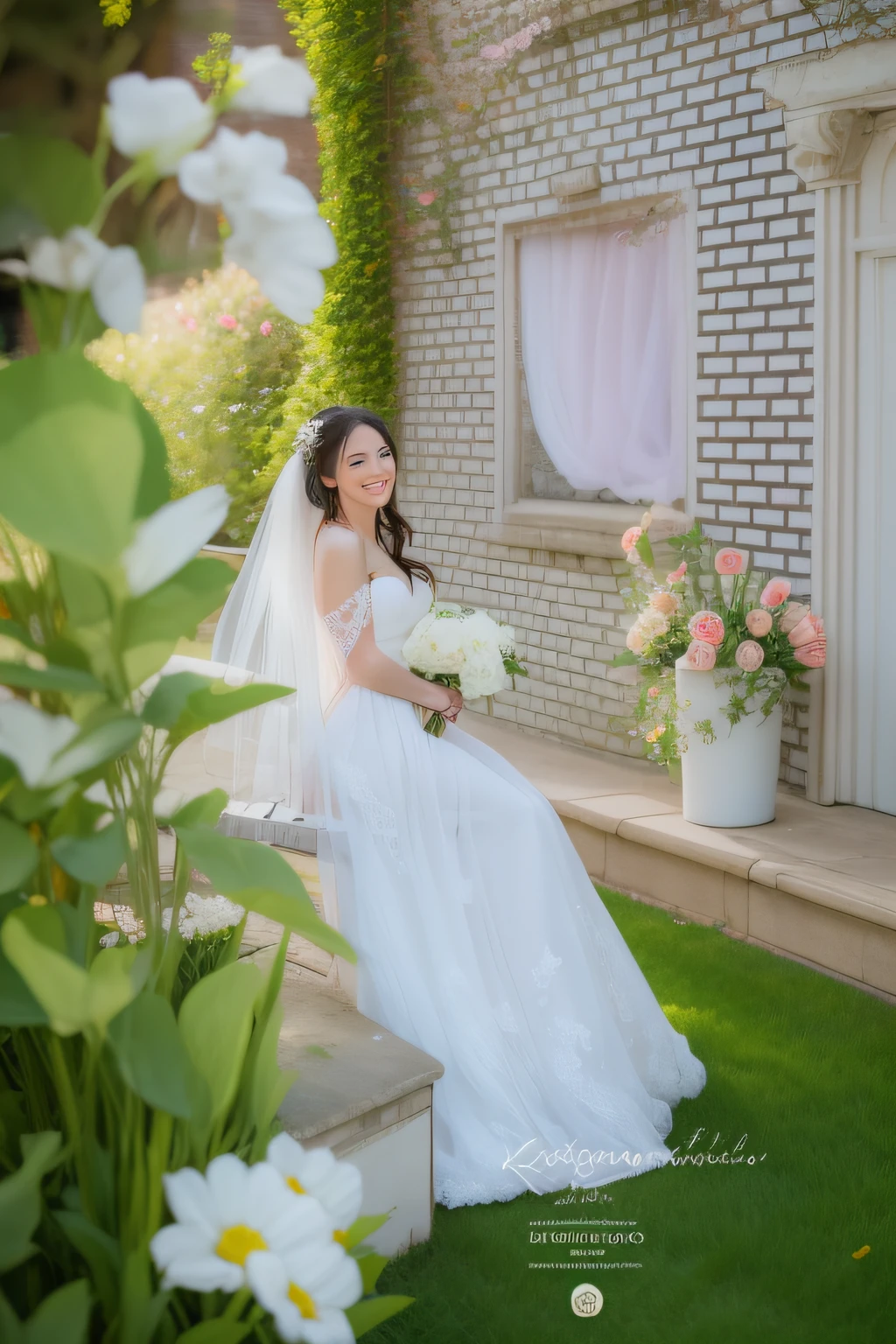 bride sitting on a bench in front of a brick building, 🤬 🤮 💕 🎀, photo taken with canon 5d, bride, wedding, shot with canon eoa 6 d mark ii, taken with canon 5d mk4, taken with canon 8 0 d, taken with canon eos 5 d mark iv, cute elegant pose, captured on canon eos r 6