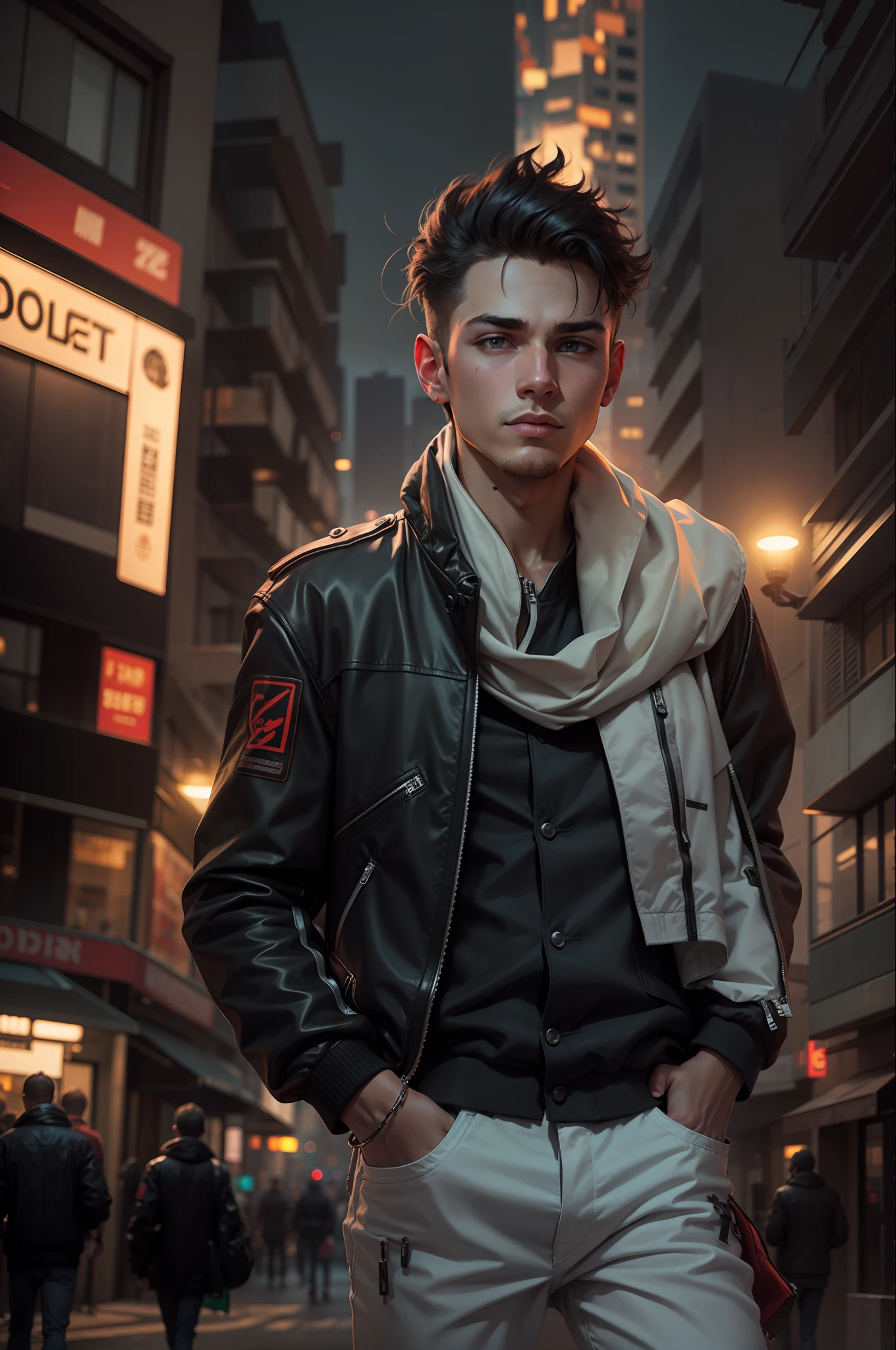 photo of grno, 1boy, night, city, wearing a jacket, cyberpunk setting