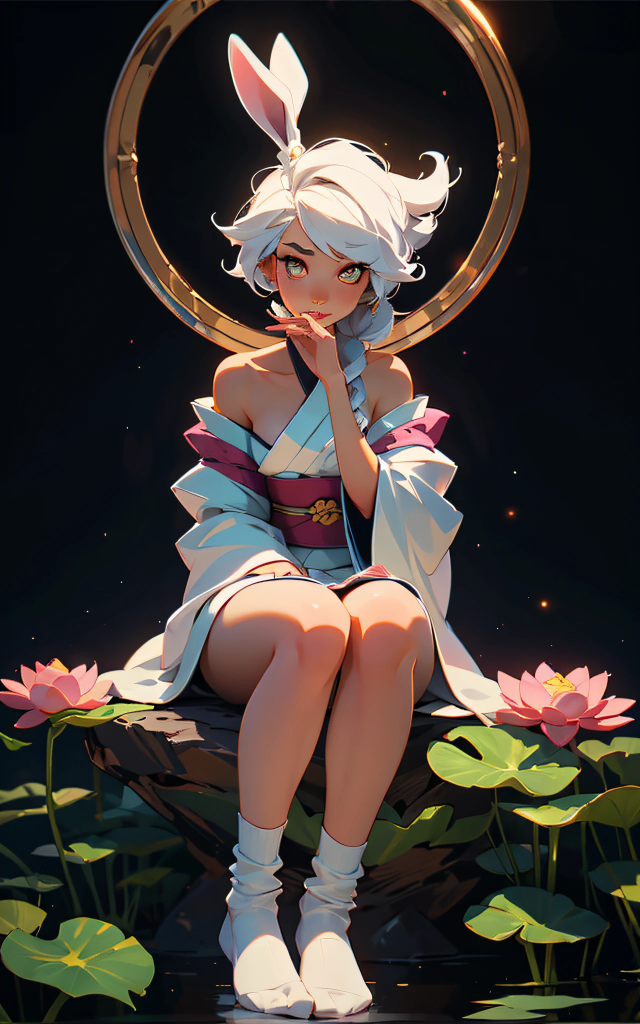 VISUAL STYLE: Detailed, GENRE: Masterpiece, ITEM(S): Very Beautiful Girl, TIME PERIOD: N/A, COLOR: White, ASPECT RATIO: 9:16, FORMAT: Digital, FRAME SIZE: Ultra High Resolution, LENS SIZE: N/A, COMPOSITION: unbuttoned kimono, white long hair, multicolored eyes, Sitting in the lotus position, hands pointing to the sides, LIGHTING: Dim, LIGHTING TYPE: Membranous, TIME OF DAY: Night, ENVIRONMENT: Exterior,  LOCATION TYPE: Starry Sky, SET: N/A, CAMERA: N/A, LENS: N/A, FILM/RESOLUTION: Ultra High Resolution, TAGS: Detailed Anatomy, Flawless Anatomy, White Socks, Short Socks, Tattoo, Mantra Reading, Big Fluffy Hare, Red Moon, Detailed Eyes, Eyes of Different Colors, Detailed Face, Nudity, NfsW, Halo Around Head, Bare Shoulders.